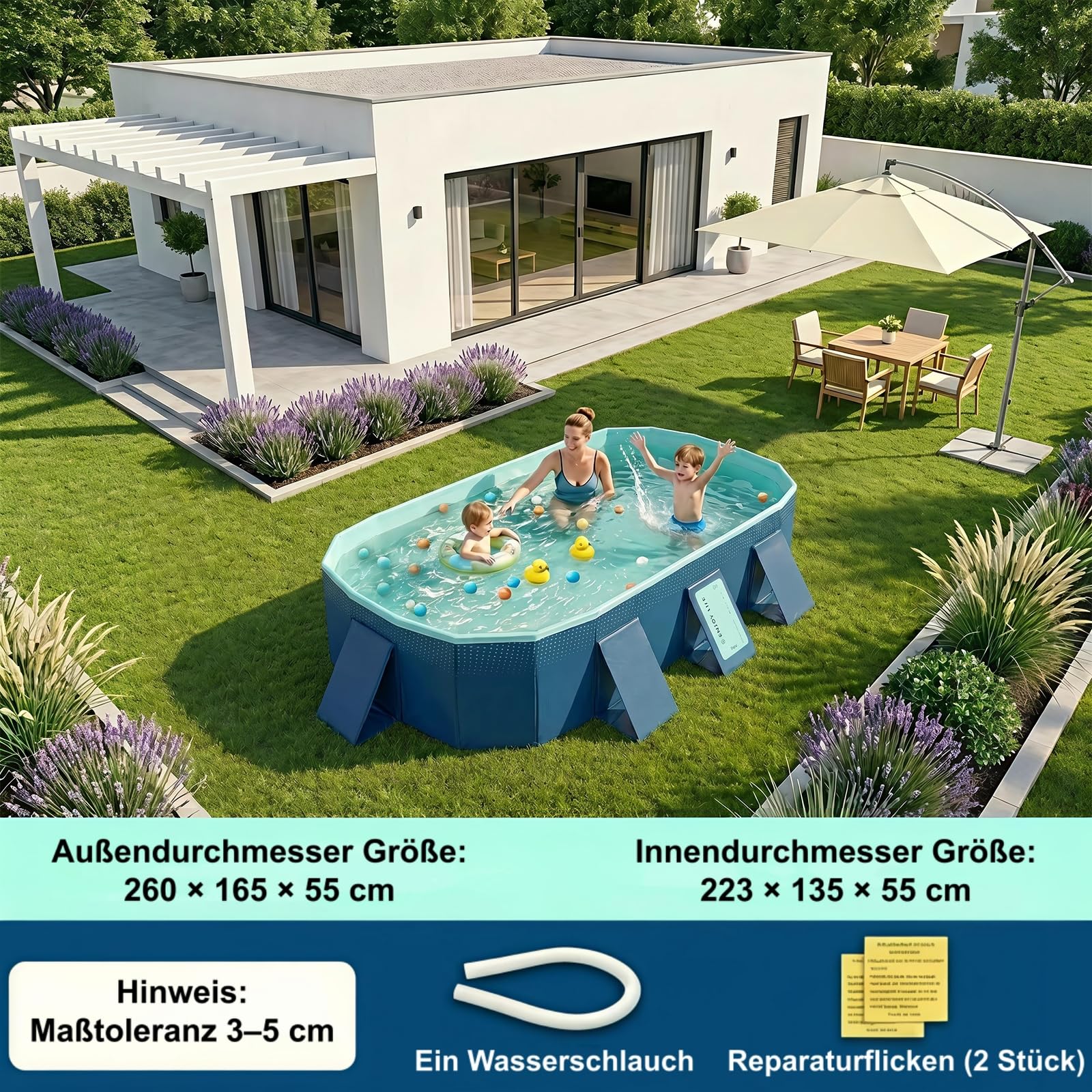 Faltbarer Pool Nicht-aufblasbarer Tragbarer Schwimmbad Verdickter Rutschfester PVC Schwimmbecken Kinderbecken zum Spielen Mit Hunden Und Haustieren Große Innen- und Außen Planschbecken 2.6M