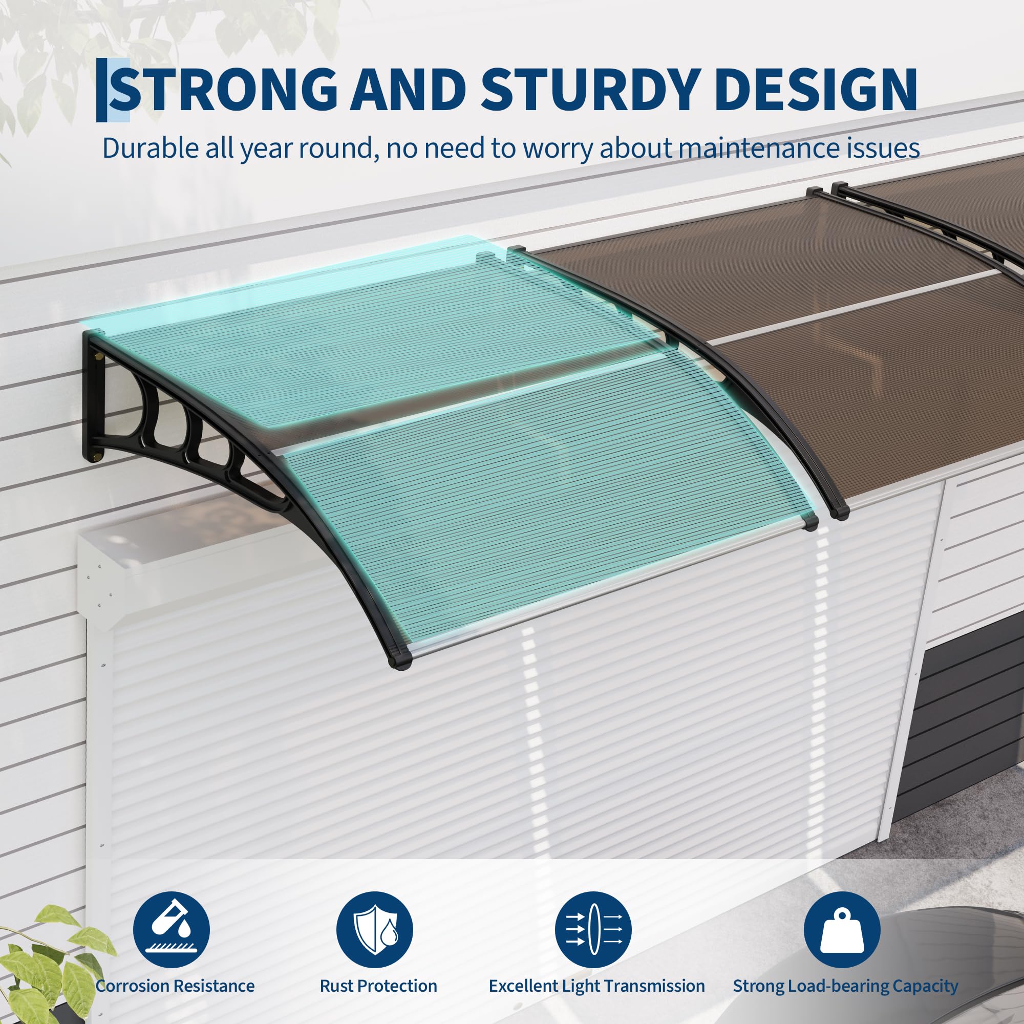 GarveeHome Vordach für Haustür 150 x 100 cm, Überdachung Haustür aus Aluminium und Polycarbonat, Transparentes Pultbogenvordach, Pultvordach mit Mittelstange