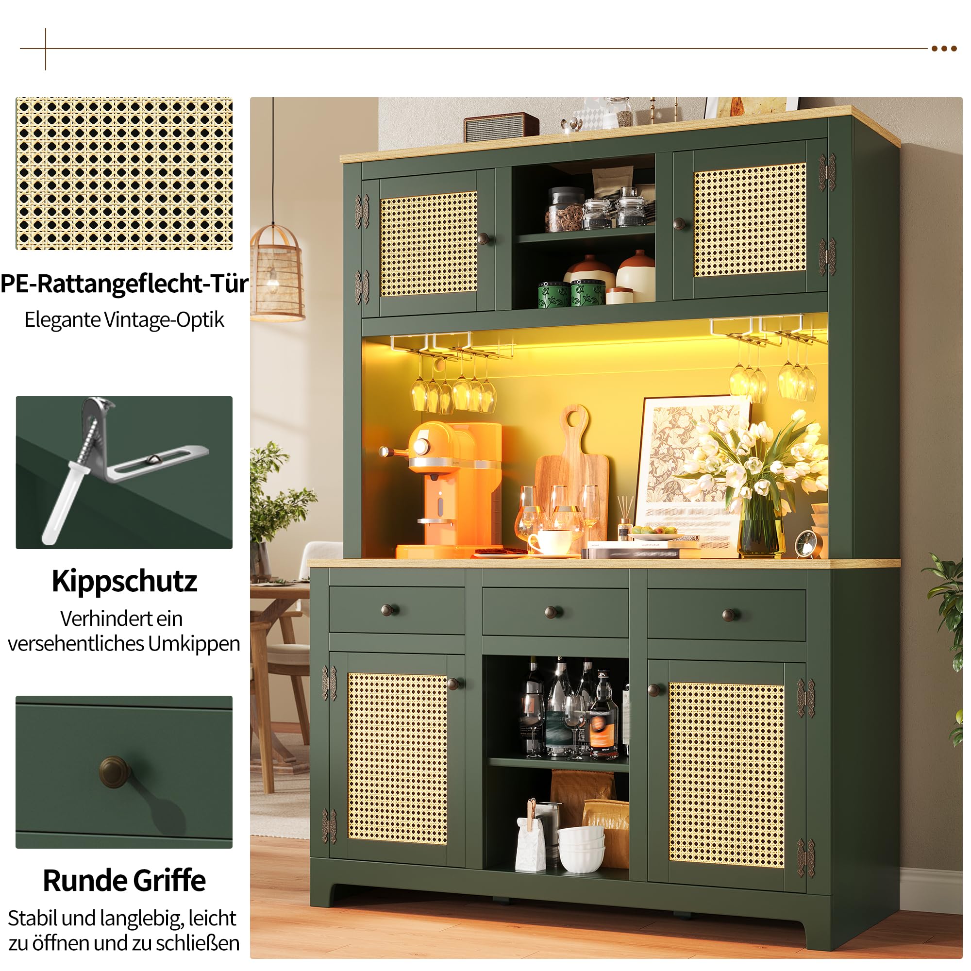 Merax Küchenschrank 180cm hoch mit LED, Hochschrank Sideboard für Küche mit Arbeitsplatte, Buffetschrank mit Verstellbare Einlegeböden & 4 Rattantüren & 3 Schubladen & Weinglasregal, Kippschutz, Grün