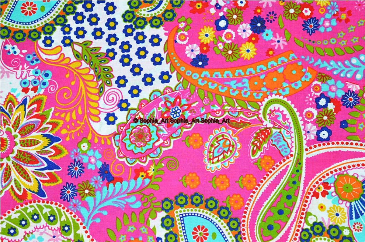 Tissu Coton Imprimé à la Main Style Indien Jaipur Tropical Floral Ethnique Sanganer Kurti Paisley, Coton, Motif cachemire rose., 5 Yards