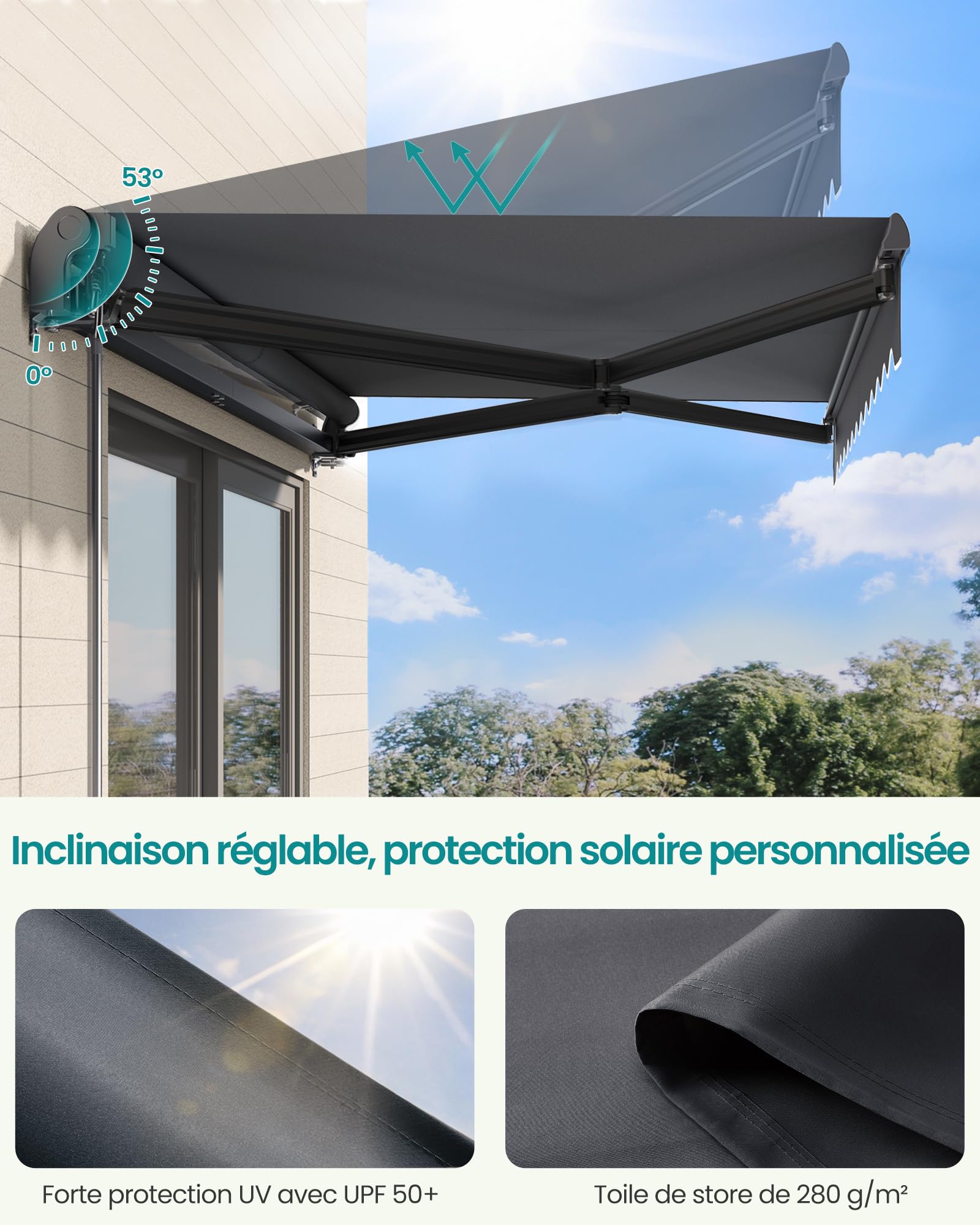 SONGMICS Store Banne Rétractable, Store Manuel avec Manivelle, Protection Solaire pour Balcon, Jardin, UPF 50+, Alliage d’Aluminium, Réglable, 300 x 250 cm, Gris GSA306GZ01