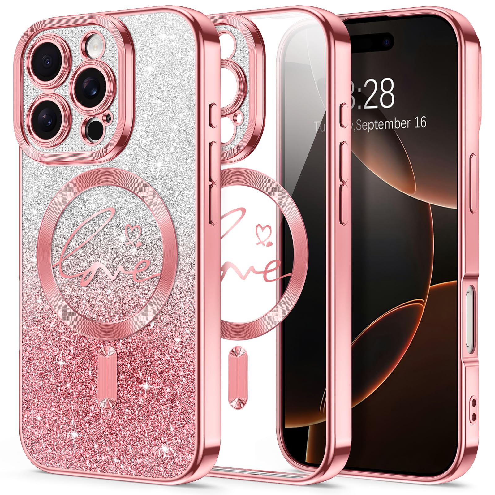 Hython for iPhone 16 Pro Max Case Glitter Compatible with MagSafe Love Heart Magnetic Clear Phone Cases for
