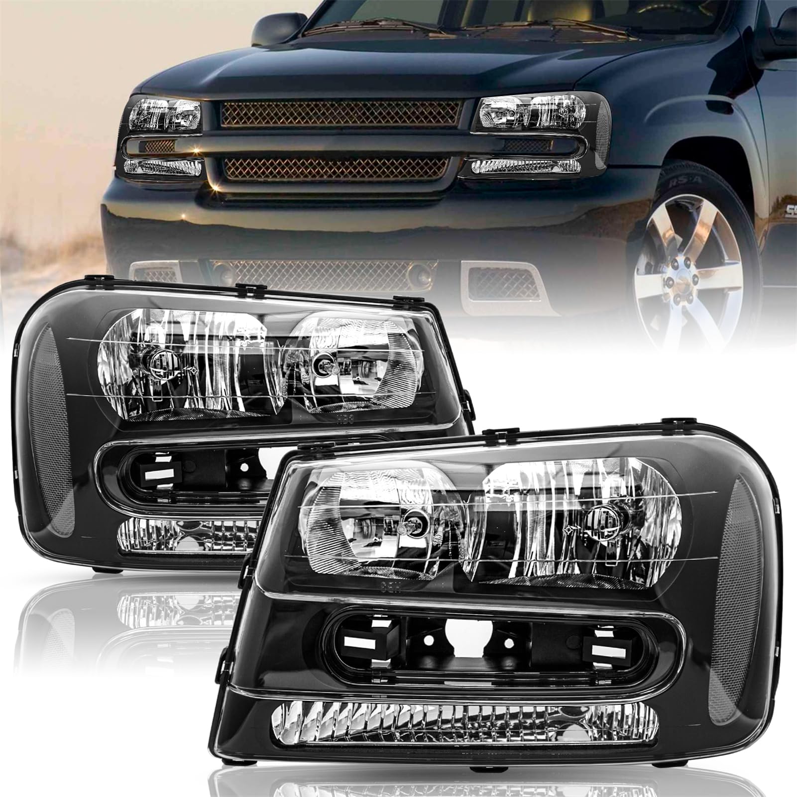 For [Full Length Grill Bar Type] 2002-2009 Chevy Trailblazer Headlights Assembly Pair Set Replacement Front Lamps Driver & Passenger Side NOT FIT 06-09 LT Type