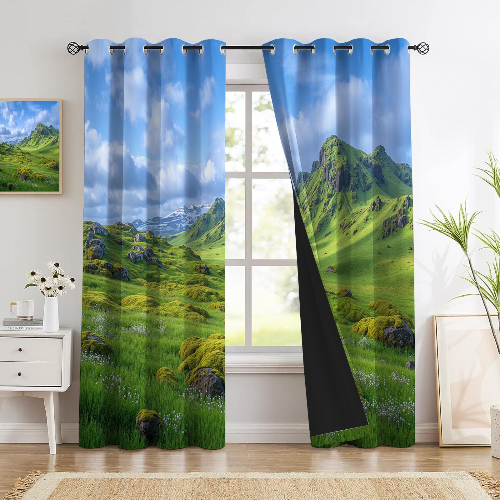 Cortinas Opacas Montañas Frescas Naturales Impresión,3D Musgo Rocas Cortinas Blackout Termicas Aislantes Frio y Calor con Ojales para Dormitorio Salon 2 Piezas 117×137cm,Verde
