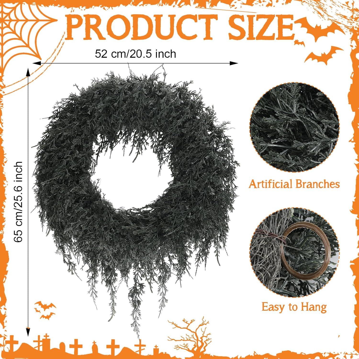 Yunlly Artificial Halloween Wreath for Front Door, Fall Faux Wreath Decorations Green Artificial Branches for Indoor Wall, Windows, Outdoor Porch Halloween Party Home Decor
