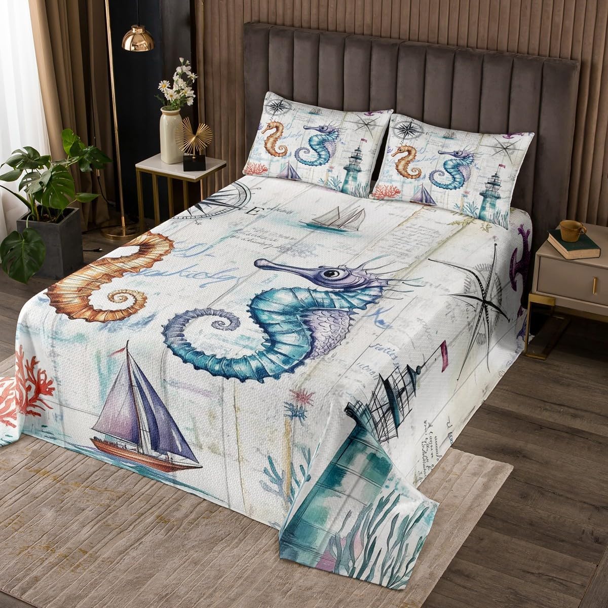 Homewish Seahorse Bedspread Queen Size,Sea Lighthouse Bedding Set 3Pcs for Kids Girls Boys Teens Room Decor,Ocean Life Animals Comforter Set Nautical Map Quilt Set,2 Pillowcases