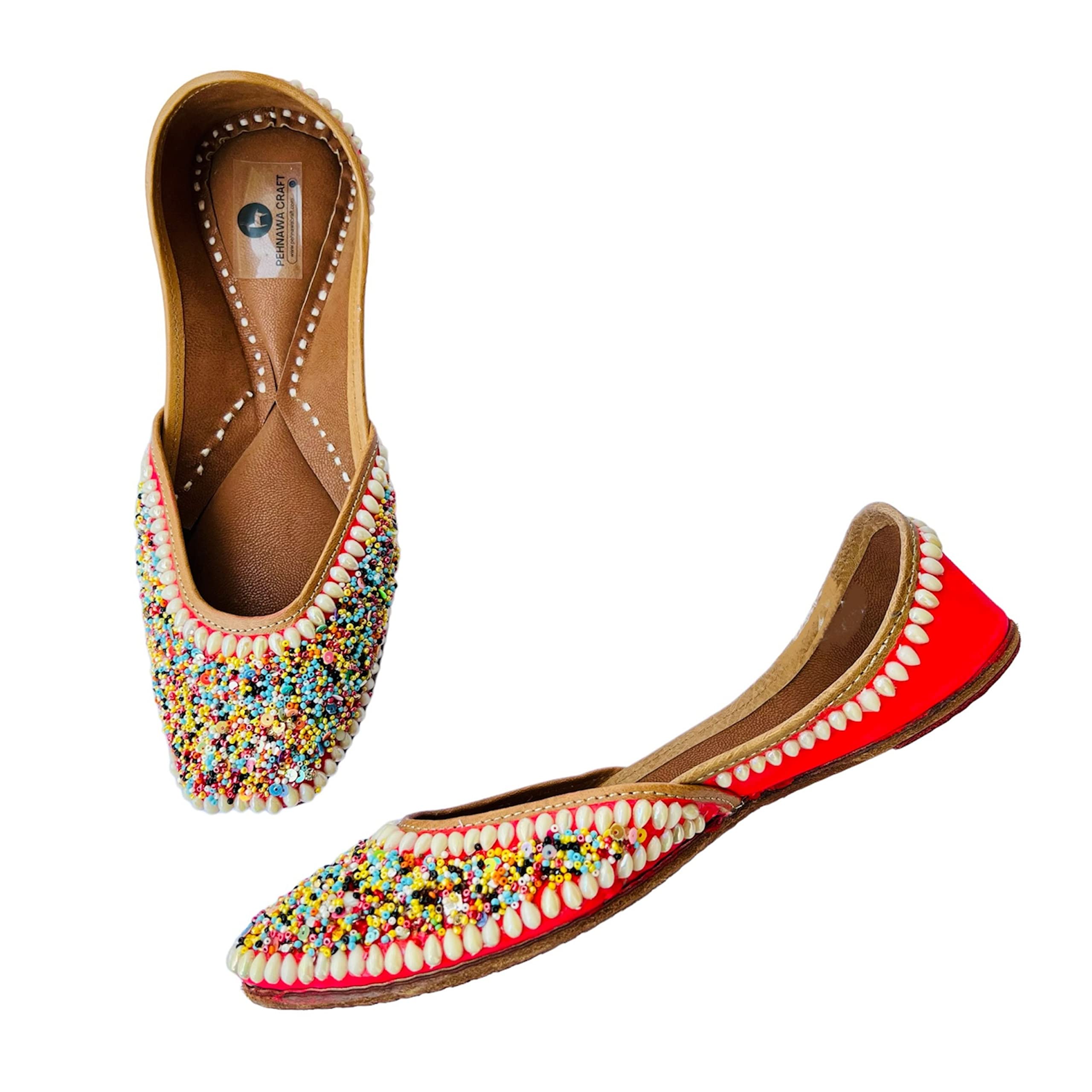 pehnawacraft Boho Bead Punjabi Jutti for Women | Soft Leather ethnic Juttis | Bite and Pinch Free Jutis | Casual Flat Stylish Mojari for Ladies | Ethnic stylish Flats for Girl | Pink & Multicolor Pearl mojdi-picture-10