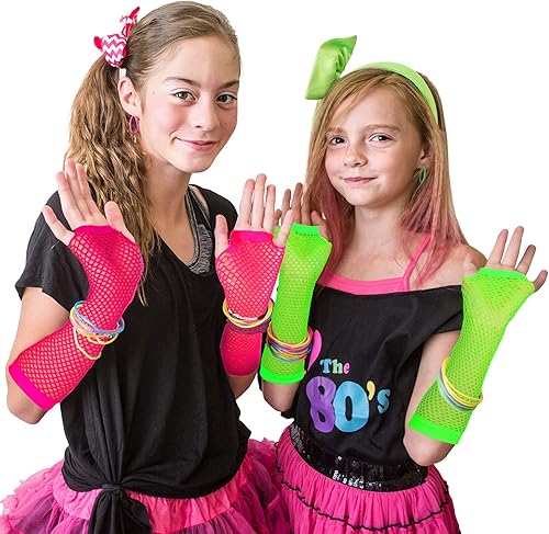 Miniatura 7 de TecUnite 12 pares de guantes de red sin dedos con neón para mujer y hombre, accesorios y suministros para disfraces de fiesta de los 80