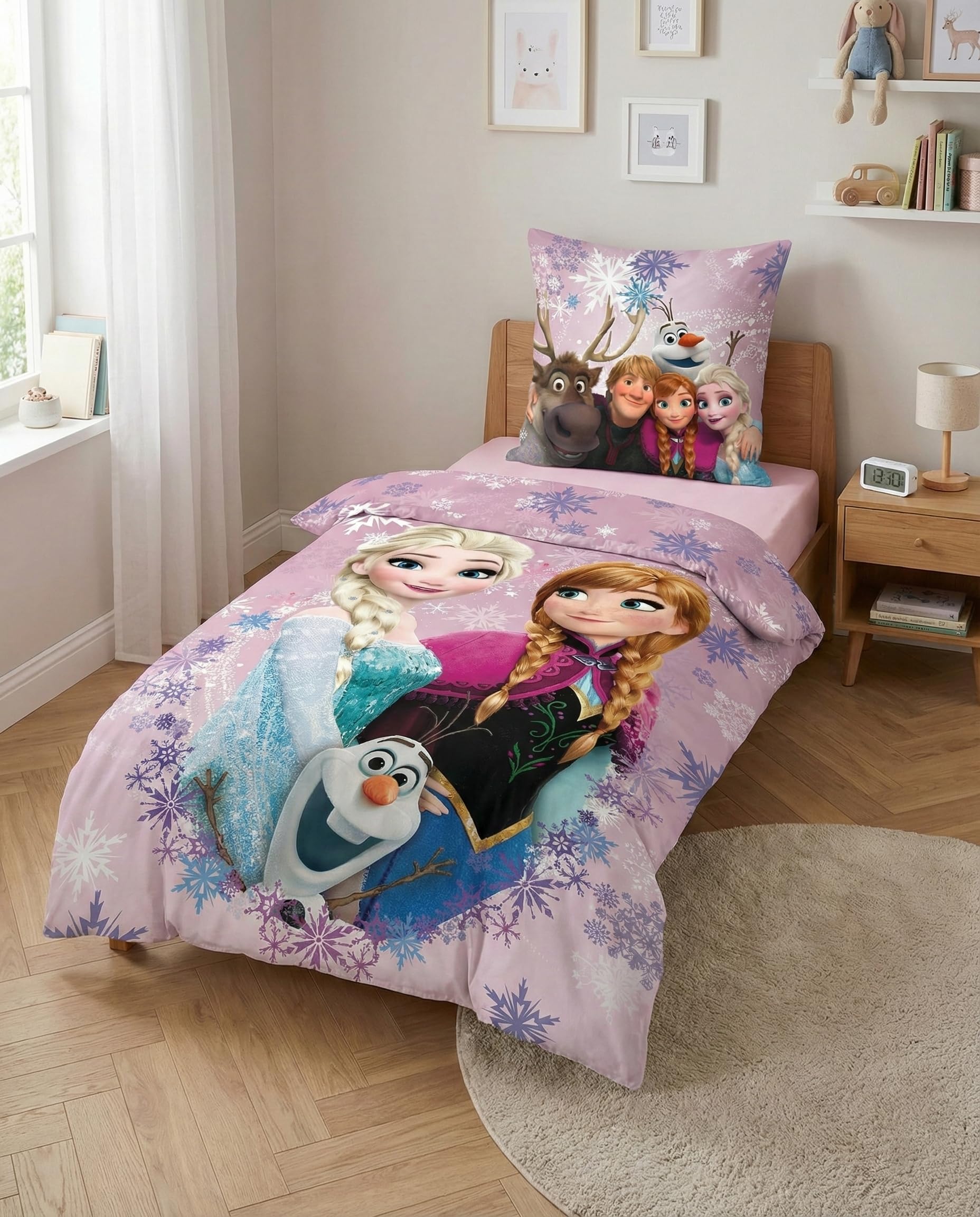 Housse de Couette La Reine des Neiges Fille 135x200 + Taie Elsa & Anna | Parure de lit 1 personne réversible | 100% Coton Oeko-Tex | Elsa Anna Olaf | Idée cadeau | Licence officielle