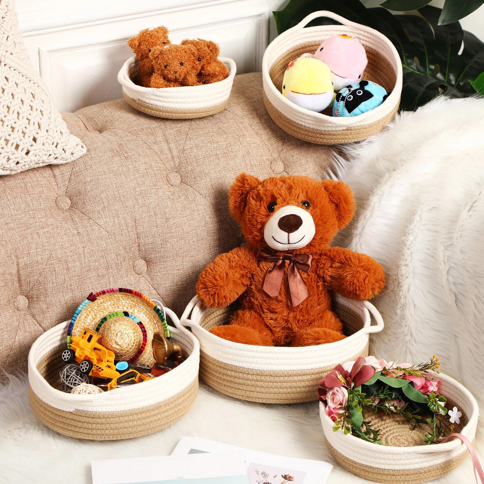 10 Stück gewebte Körbe aus Baumwollseil, Korb, Regal, Schrank, Organizer, runde Schlüsselschale für Eingangstisch, flache Montessori-Körbe, Schlüsselablage für Heimdekoration, Organisation, 5 Größen