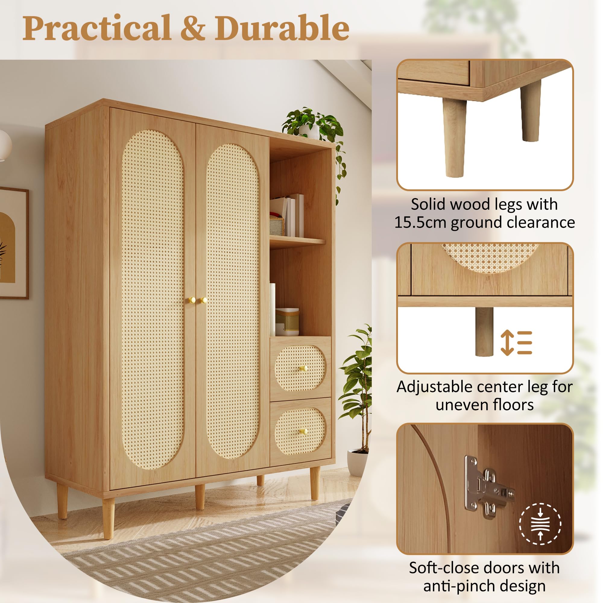 HD26052005 Armoire à portes pivotantes avec 2 portes en rotin et 2 tiroirs en rotin, armoire multifonction avec 2 étagères ouvertes, 120 x 44 x 161 cm, chêne