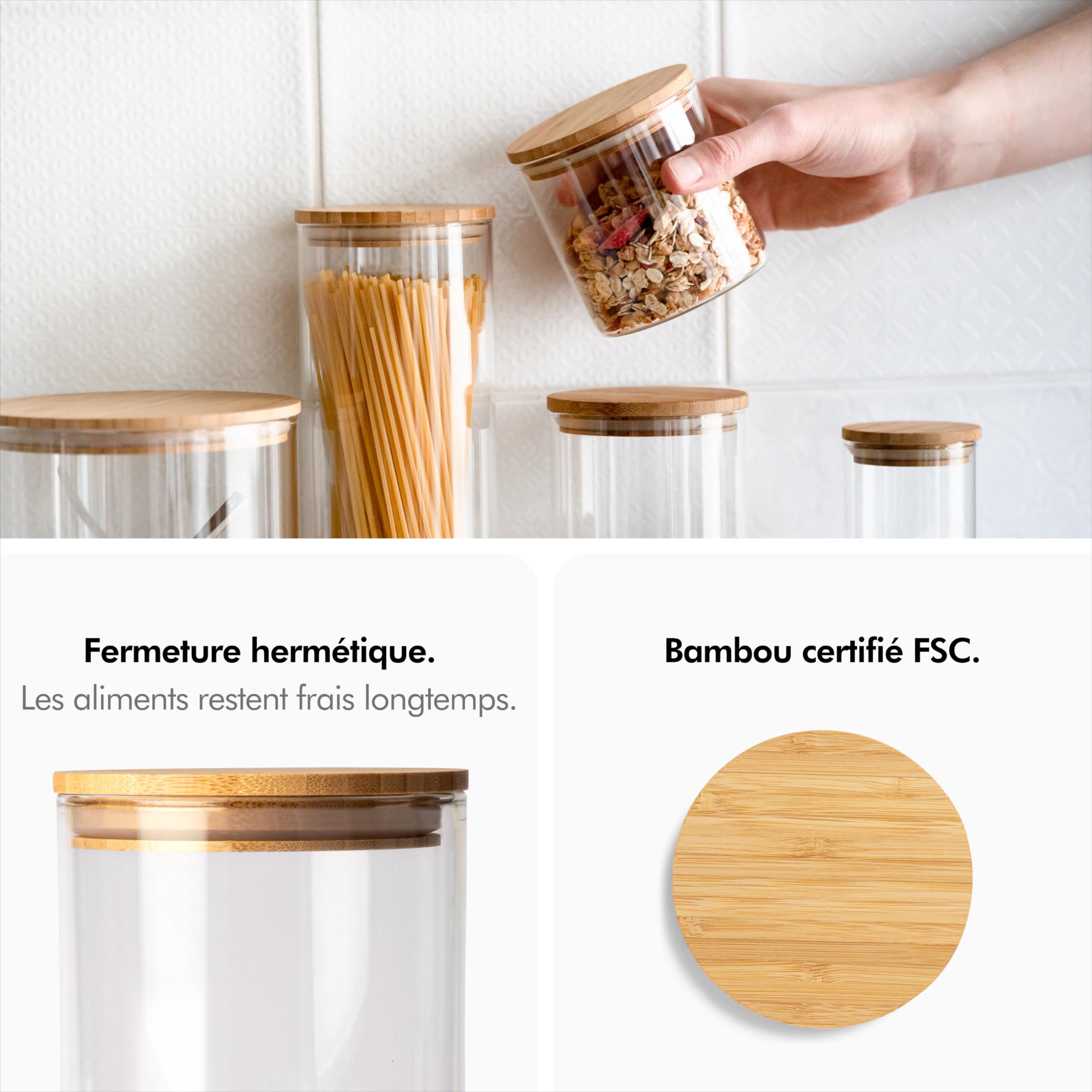 KIVY Lot de 4 bocaux de conservation en verre avec couvercle - 600 ml - Petites boîtes de conservation avec couvercle en bambou - Bocaux de conservation en verre avec couvercle
