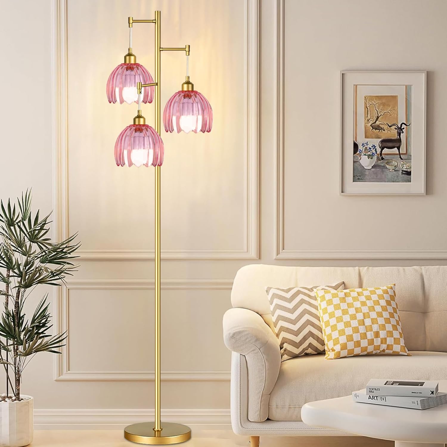 Gold Floor Lamps for Living Room Bedroom-3 Light Vintage Floor Lamp with Glass Lampshape & Three Bulbs,Mid Century Modern Standing Lamp Tall Tree Flower Floor Lamps for Bedroom Living Room,Corner Pink 4.4inch