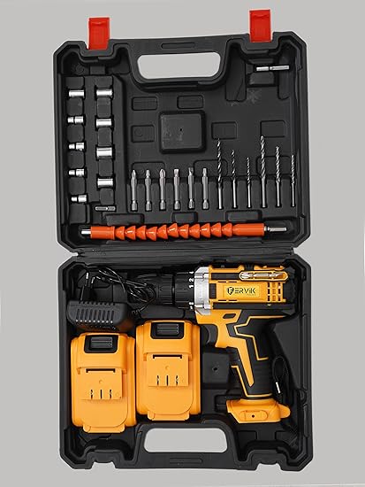 FERVIK 21V Cordless Drill Machine Cum Screwdriver | 2X 1.5Ah Li-Ion Batteries | Torque 25+1 | 2 Speed Driver | Handheld Drills (Cordless Drill, 2Battery & Charger With Accessories), Multicolour