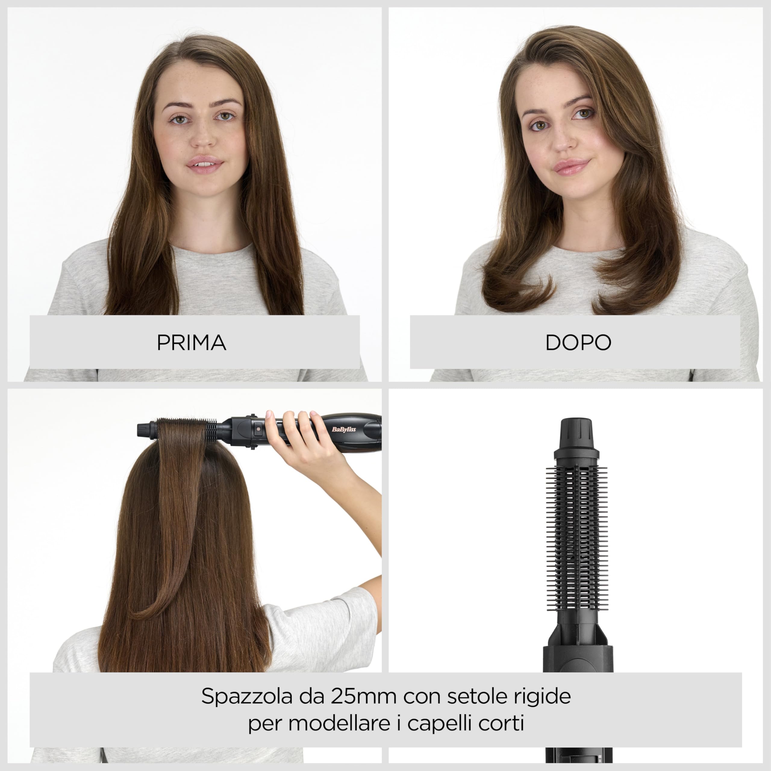 BaByliss Smooth Finish 1200 – Spazzola ad Aria Calda 4‑in‑1 per Asciugare, Lisciare, Modellare e Dare Volume, Tecnologia Ionica & Ceramica, 4 Accessori, 1200W, Nero/Rosa, AS122E