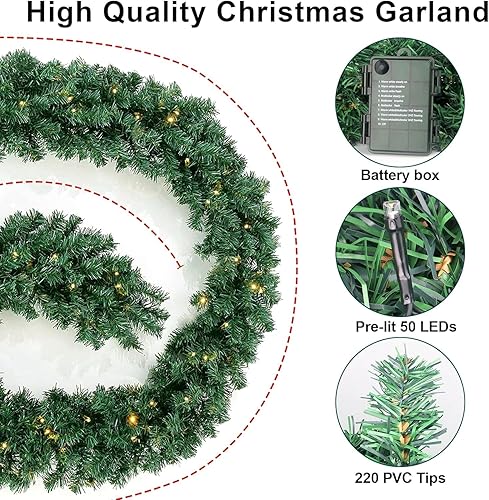 Miniatura 6 de Guirnalda de Navidad de 10 pies para decoración de interiores y exteriores, guirnalda verde de Navidad no iluminada para escaleras, barandilla,