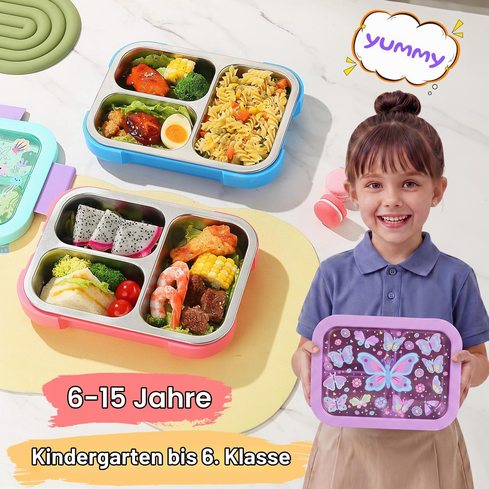 PinkSheep Edelstahl Brotdose Kinder mit 3 Fächern und Dichtring 950ml Lunchbox Personalisiert, BPA-freie, Auslaufsicher, Bento Box für Picknick Schulschüler Mittagessen Snack (Schmetterling)
