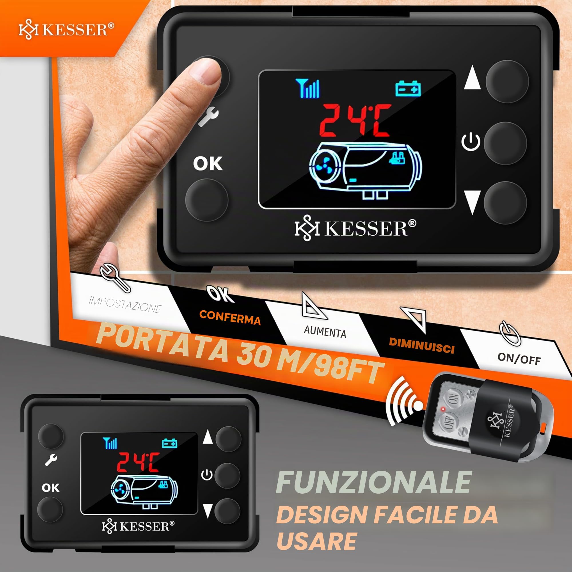 KESSER® Riscaldatore Diesel 8kW Riscaldamento Diesel 12V/24V con Timer, Display LCD e Telecomando | Riscaldamento Rapido | Riscaldatore d'Aria con Silenziatore e Termostato (Nero, 8KW)