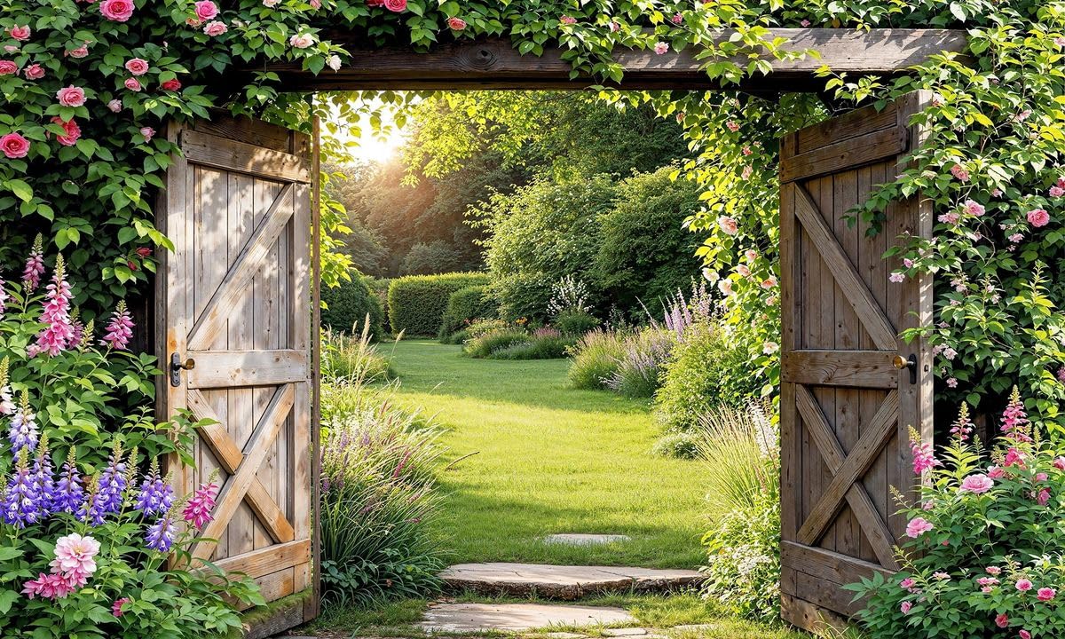 Sabrikas Let Your Creative Spirit Run Free Earthy Tones With Pink And Purple Accents Rustic Wooden Gates Garden Hd Garden Mural Tapestries Outdoor Curtain Banner Privacy Screen Wall Hanging 3D Tapestry Backdrop Display W300cm X H180cm, W118.11 Inches X H70.87 Inches
