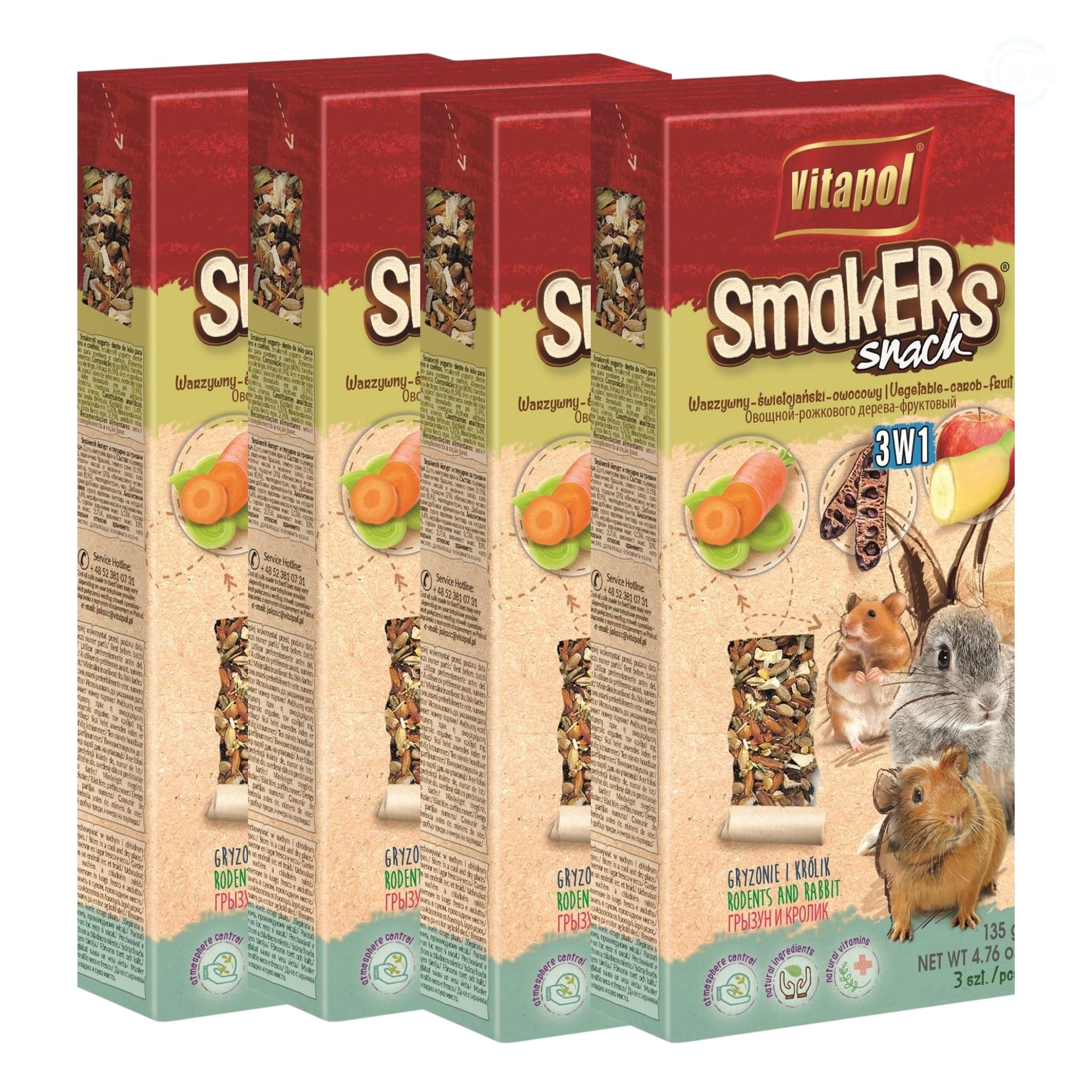 Vitapol Smakers® Natural Treat Sticks for Rodents & Rabbits – Enriched with Fruits, Vegetables, Herbs, Nuts & Probiotic Yoghurt – Healthy Complementary Snacks (12pcs, 540g, Vegetable-Carob-Fruit)