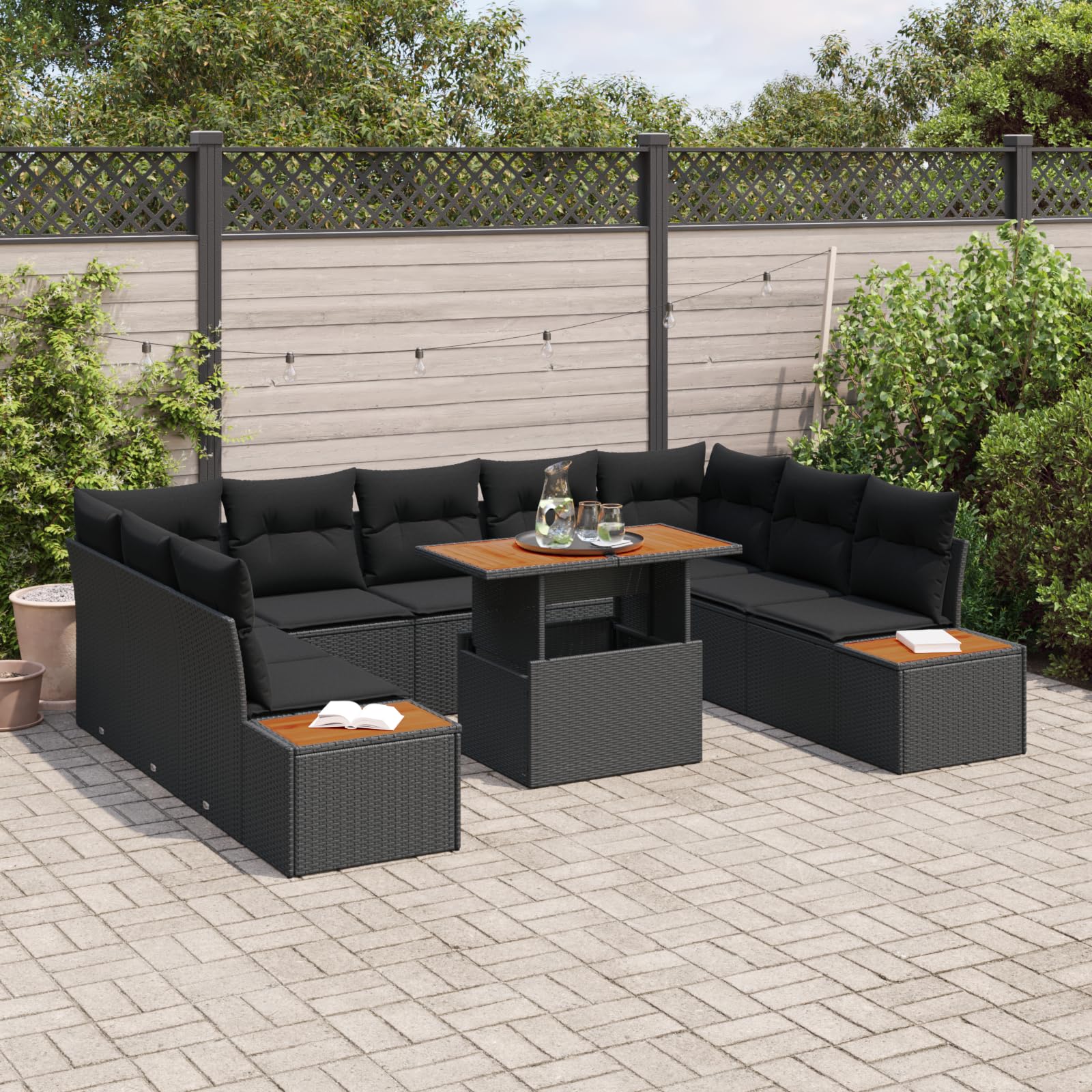 6-częściowy zestaw mebli ogrodowych z poduszkami, czarny polirattan, modułowe meble outdoorowe na taras i balkon, odporny na warunki atmosferyczne, ręcznie tkany rattanowy design z wygodnymi