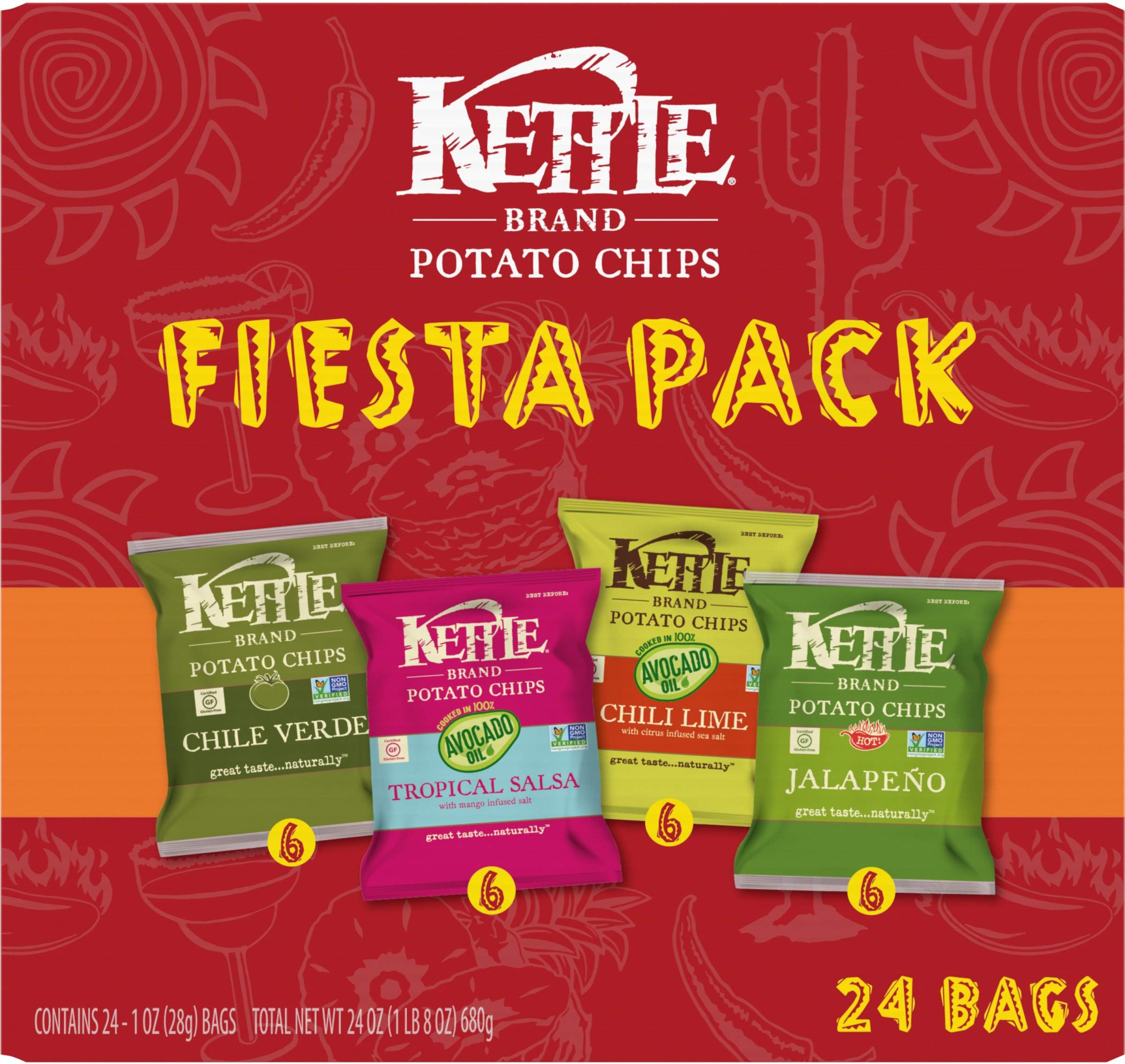 Kettle Brand Potato Chips Fiesta Variety Pack, 1 Ounce (Pack of 24)