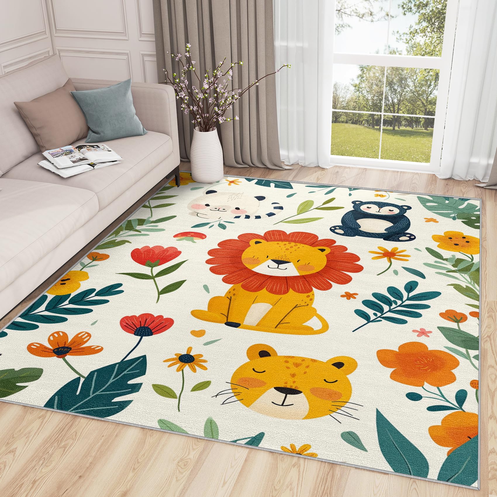 SherAvant Safari Rugs for Baby Nursery - 4x6 Rug - Safari Rug - Cute Cartoon Animal Floral Area Rug - Kids Nursery Baby Rugs - Zoo Animal Playroom