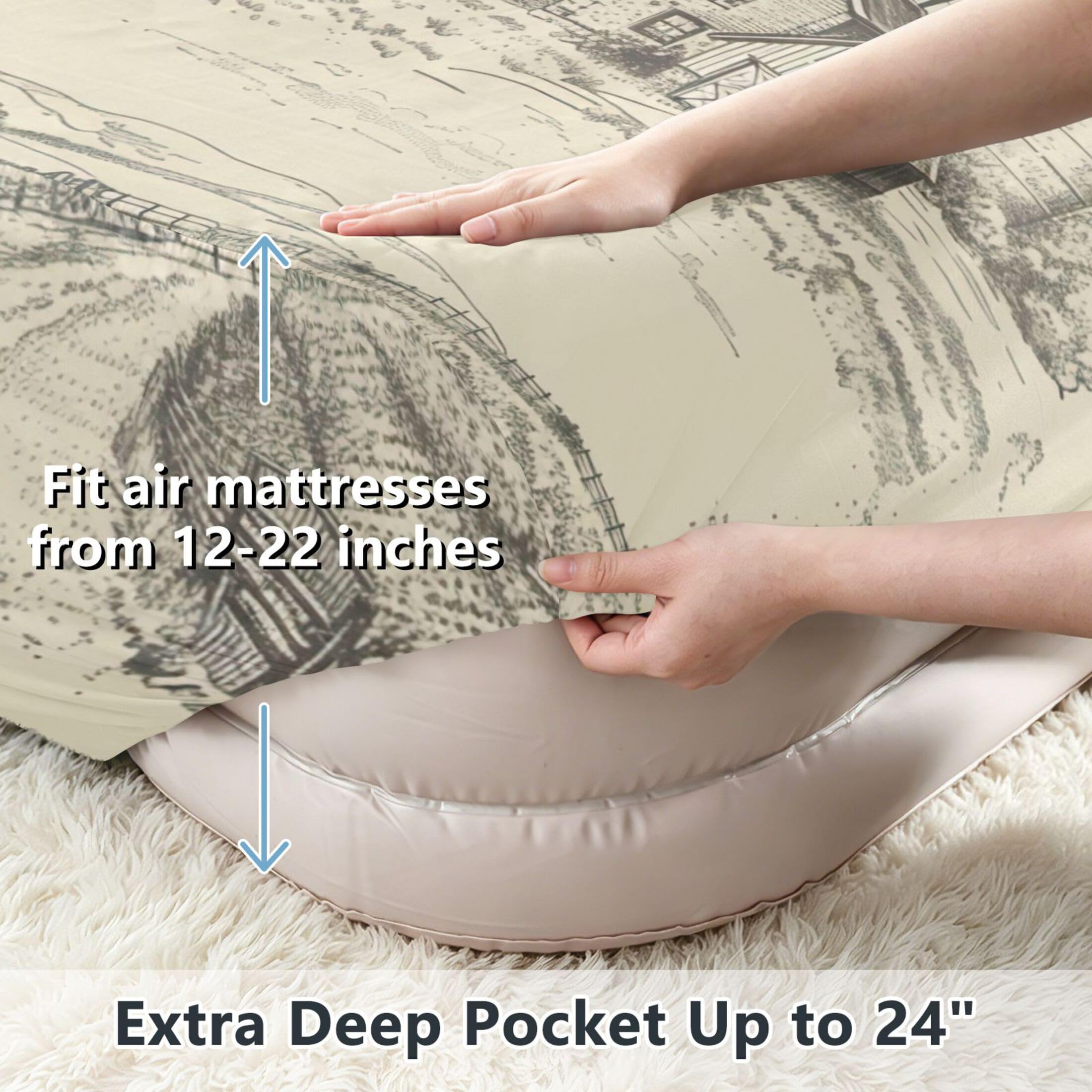 Sábana bajera ajustable individual con molino de viento para colchón de aire, bolsillo extra profundo de 24 pulgadas, funda suave y transpirable con apertura de válvula de cremallera para