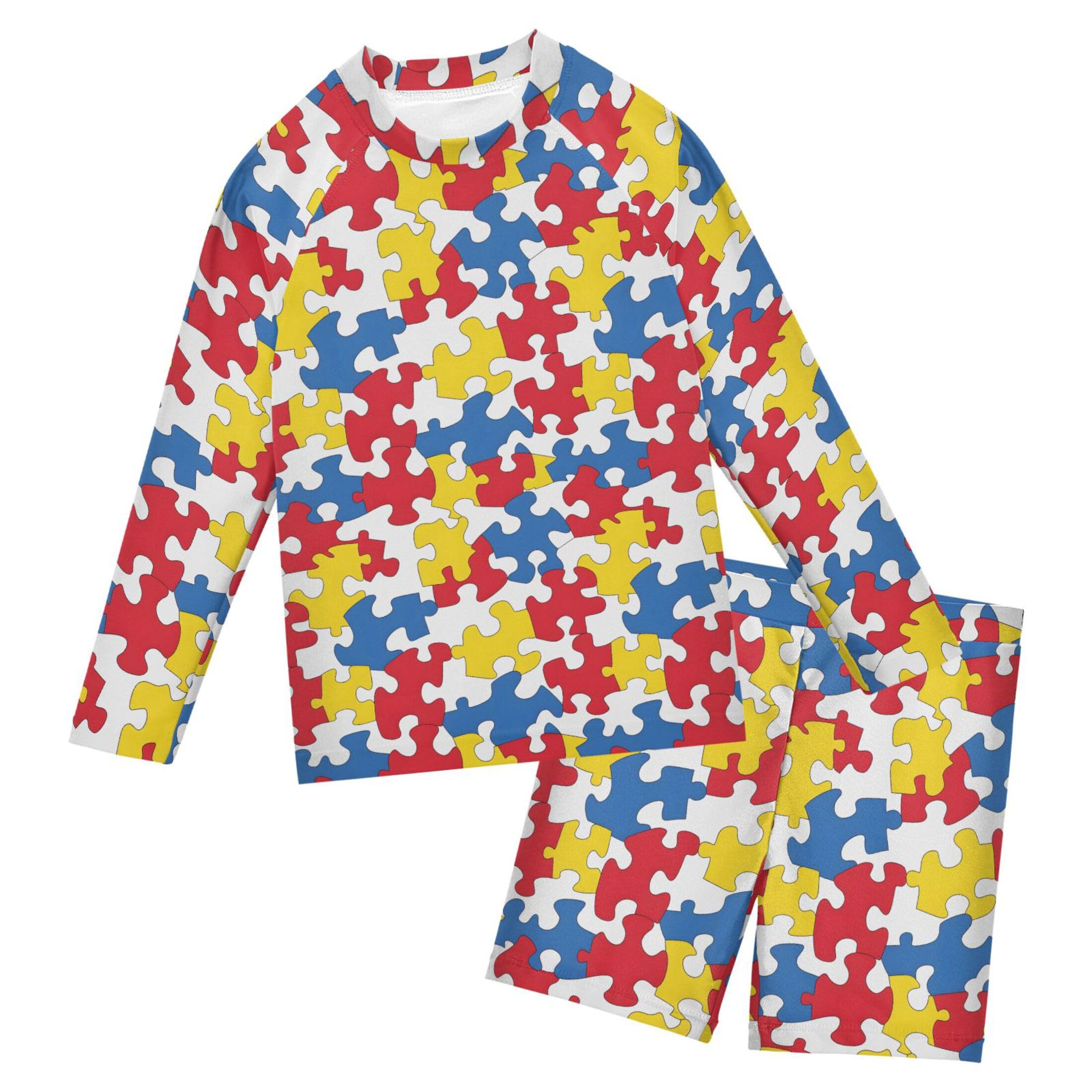 Jigsaw Puzzle Baby Boys' Toddler Long Sleeved Rashguard Swim Bathing Suit Set B0403491