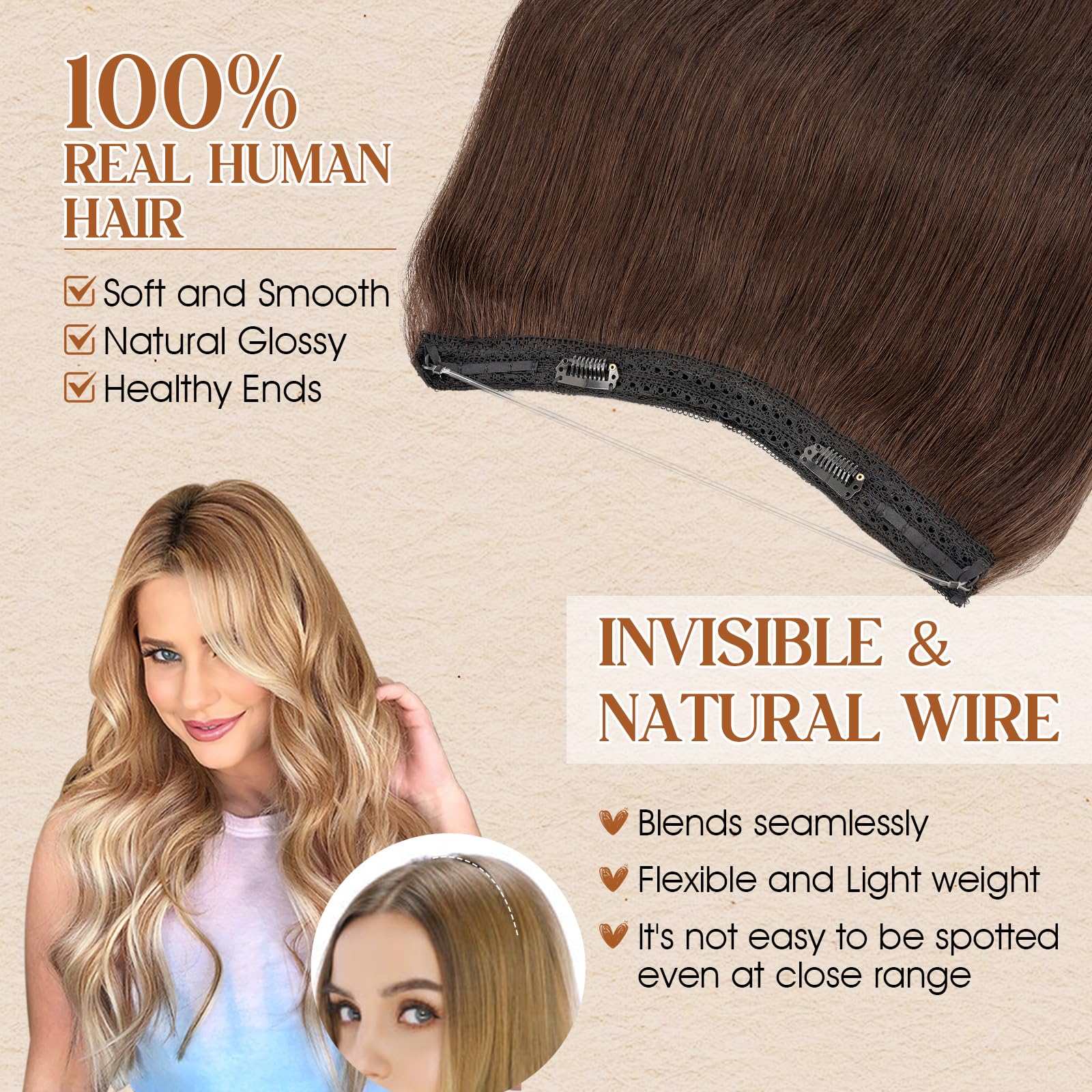 Benehair #2 Dark Brown Real Hair Secret Wire Extensions Remy Human Invisible Wire Hair Extensions with Clips One Piece Adjustable Straight 20 Inches (70g) - Image 2