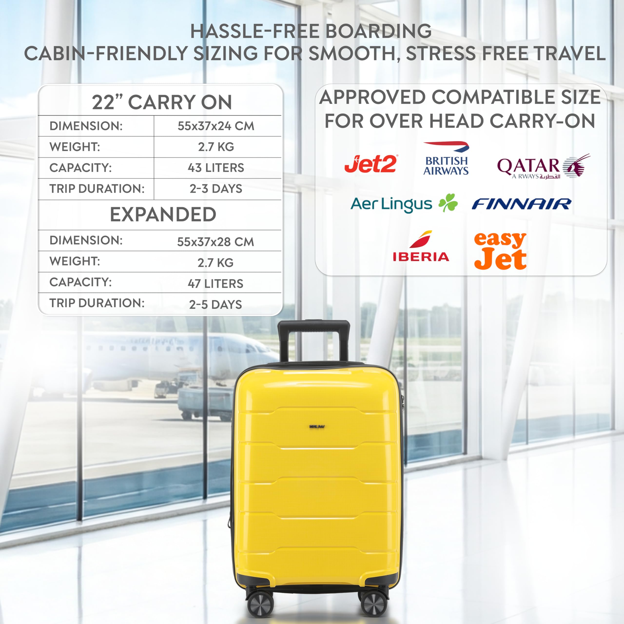 CRUW Hand Luggage 22" Expandable Lightweight Cabin Bag TSA Approved Lock Silent Wheels with Vanity Case Durable Polypropylene Luggage Suitcase Fits 56x45x25cm Overhead Carry On for easyJet.