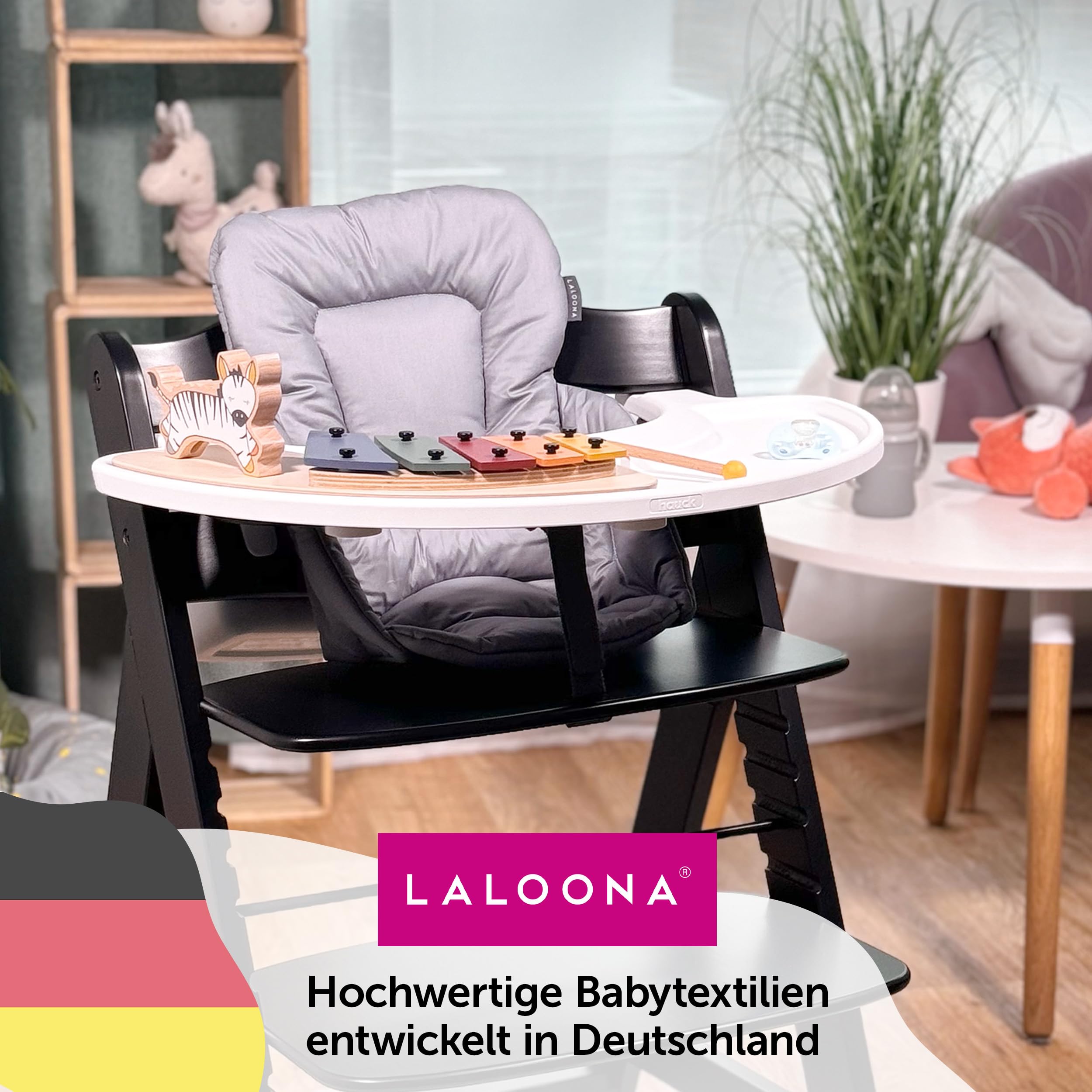 LaLoona Sitzverkleinerer für Hochstuhl Hauck Alpha/Beta - Baby Sitzpolster beschichtet & abwaschbar, OEKO-TEX Standard 100 geprüft, maschinenwaschbar - Grau