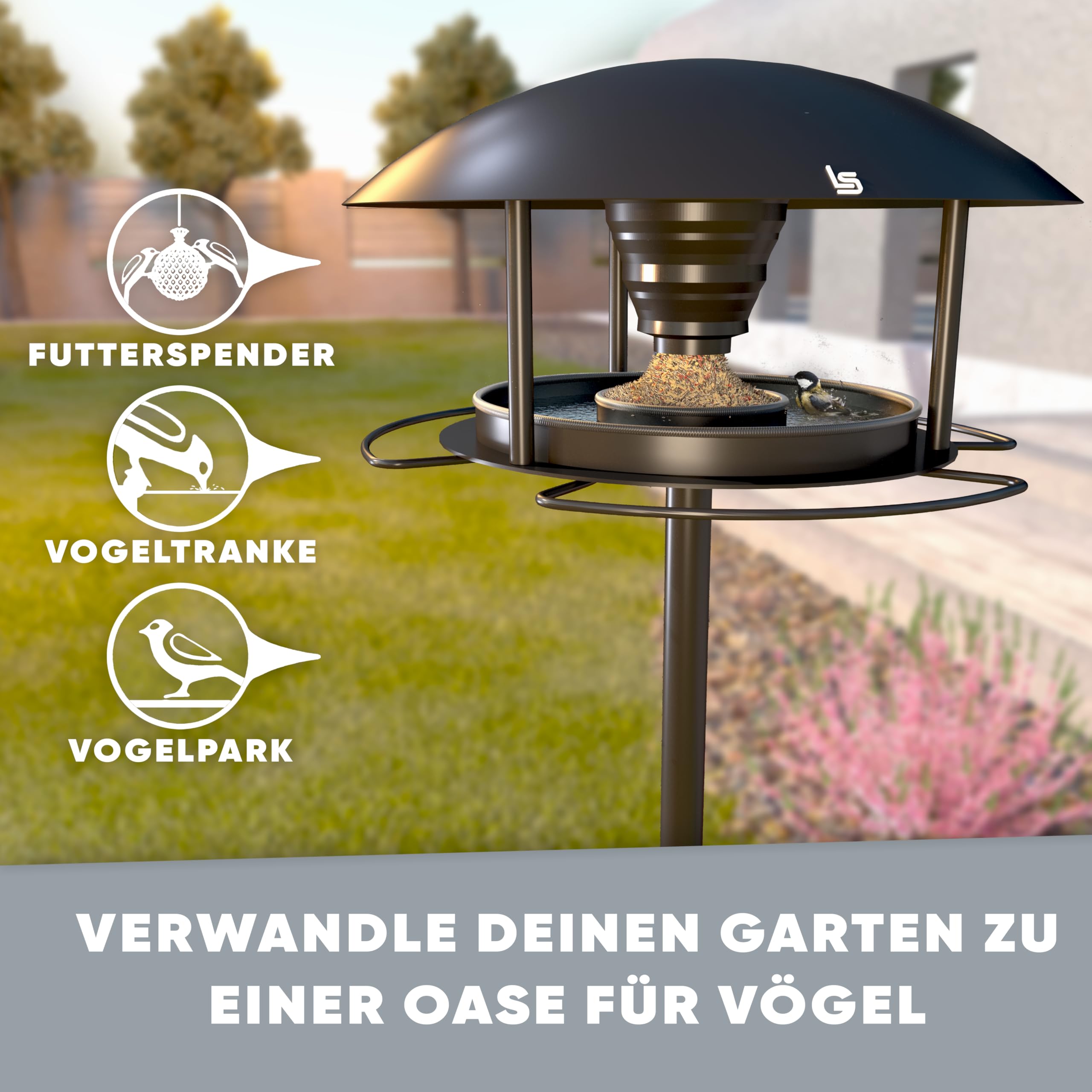 Vogelhaus mit Ständer Wetterfest – Vogelfutterspender & Vogeltränke [3 in 1 XXL] Vogelfutterhaus Metall | Robustes Futterhaus für Vögel, Garten & Balkon – Schenk