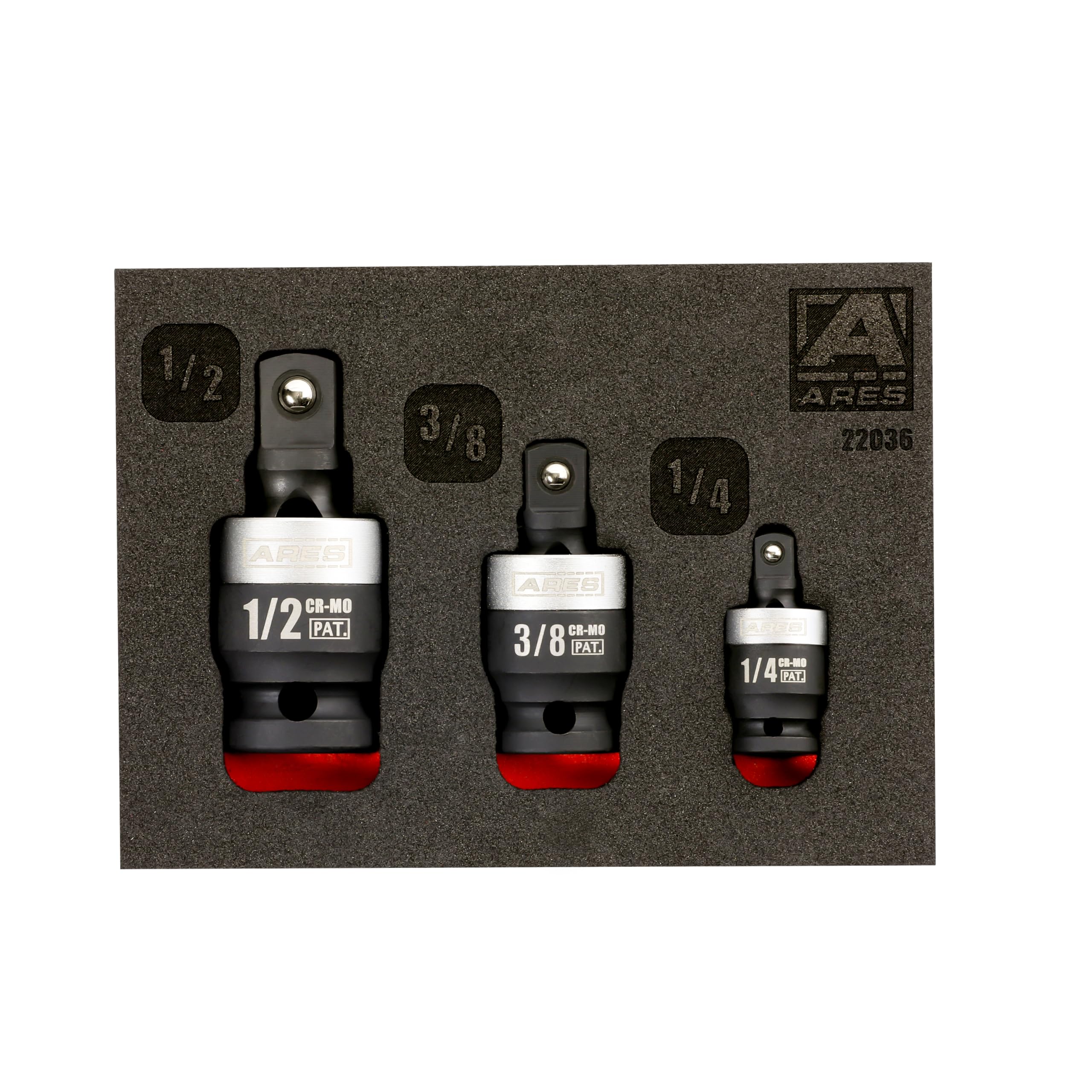 ARES 22036-3-Piece Slim Profile Impact Universal Joint Set - 1/4-Inch, 3/8-Inch and 1/2-Inch Drive Chrome Moly Steel Impact Grade U-Joint Sockets –