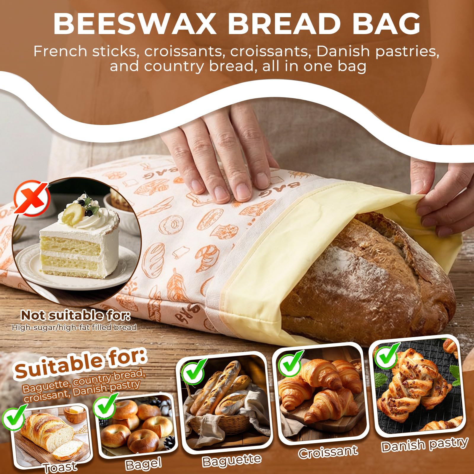 Sacchetti per il pane di cera d'api, 43×33 cm sacchetti di cotone rivestiti in cera d'api naturale, Borsa in cotone per conservare pane fatto in casa e prodotti da forno (confezione da 2)
