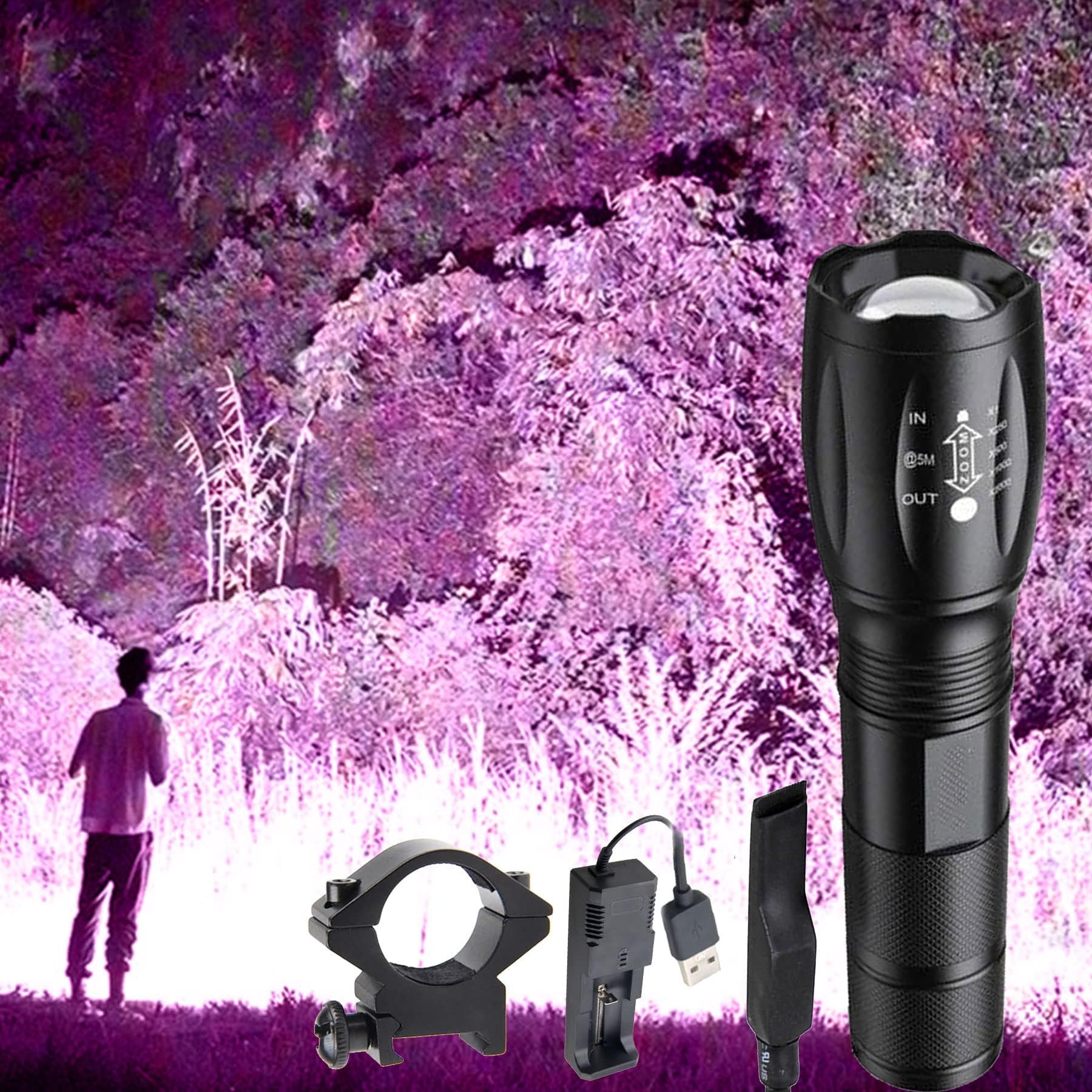 VASTFIRE 850nm Infrared light IR Flashlight Night Vision Scope Zoomable Spot Light 350 Yard Torch with Mounted for Rifle Predator Coyote Hog Hunting