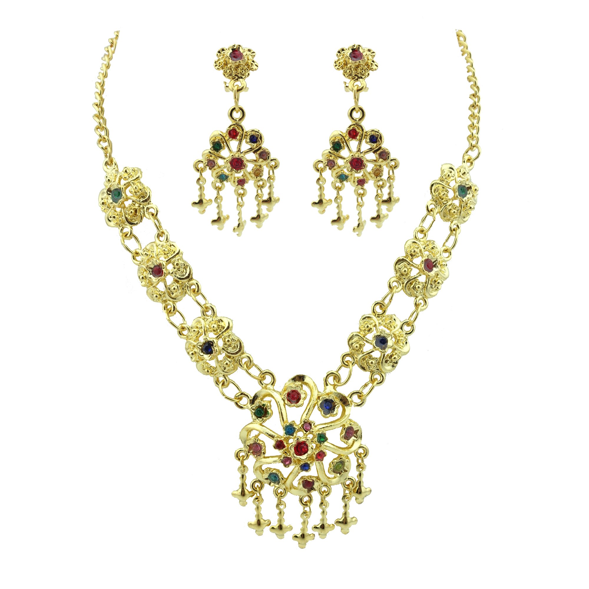 SiwalaiThai Traditional Gold Plated Multicolor Crystals Necklace Earrings Jewelry Set 18 Inches