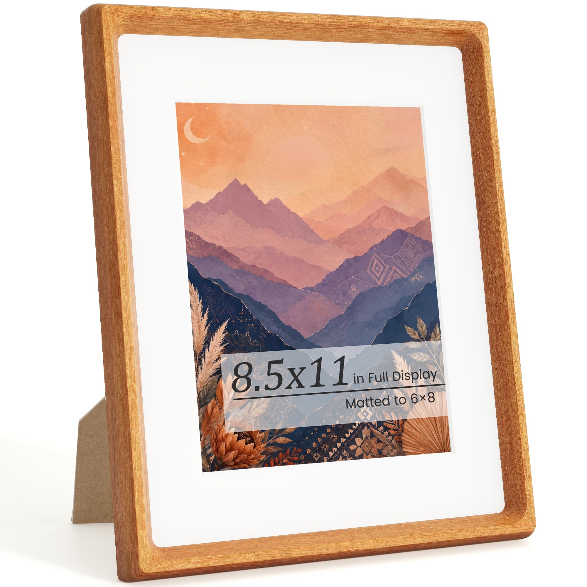 KovaScape Picture Frames, Solid Teak Wooden Frame,Round Corner Hand Craft Photo Frame, 8.5x11 Matted to 6x8, 8.5 by 11 Document Diploma Frame with HD Real Glass,Wall or Tabletop Display