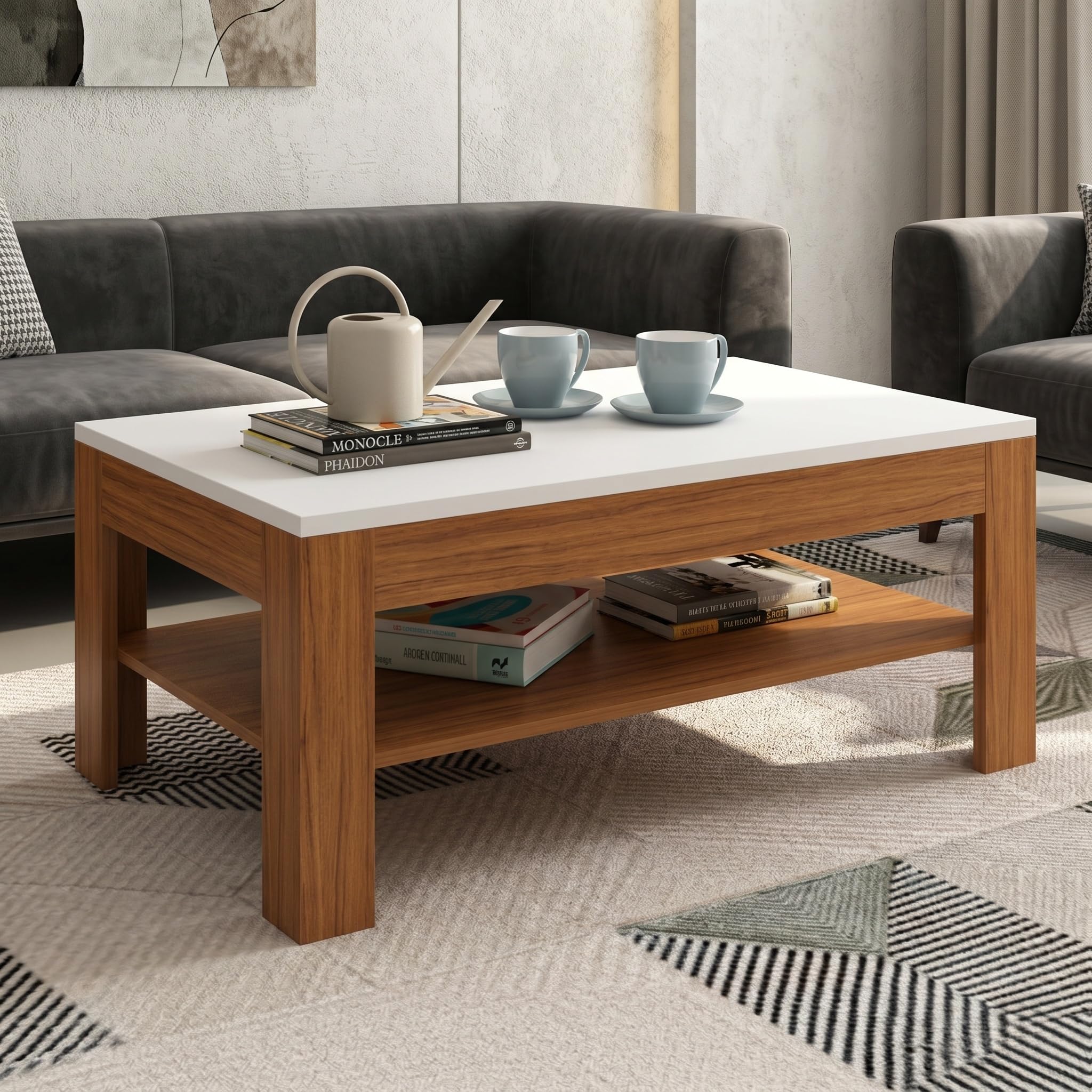 Wooden Coffee Table | Modern Compact Centre Table with Open Storage Shelf | 18MM Engineered Wood Living Room Tea Table | Teak - CT2-image-20