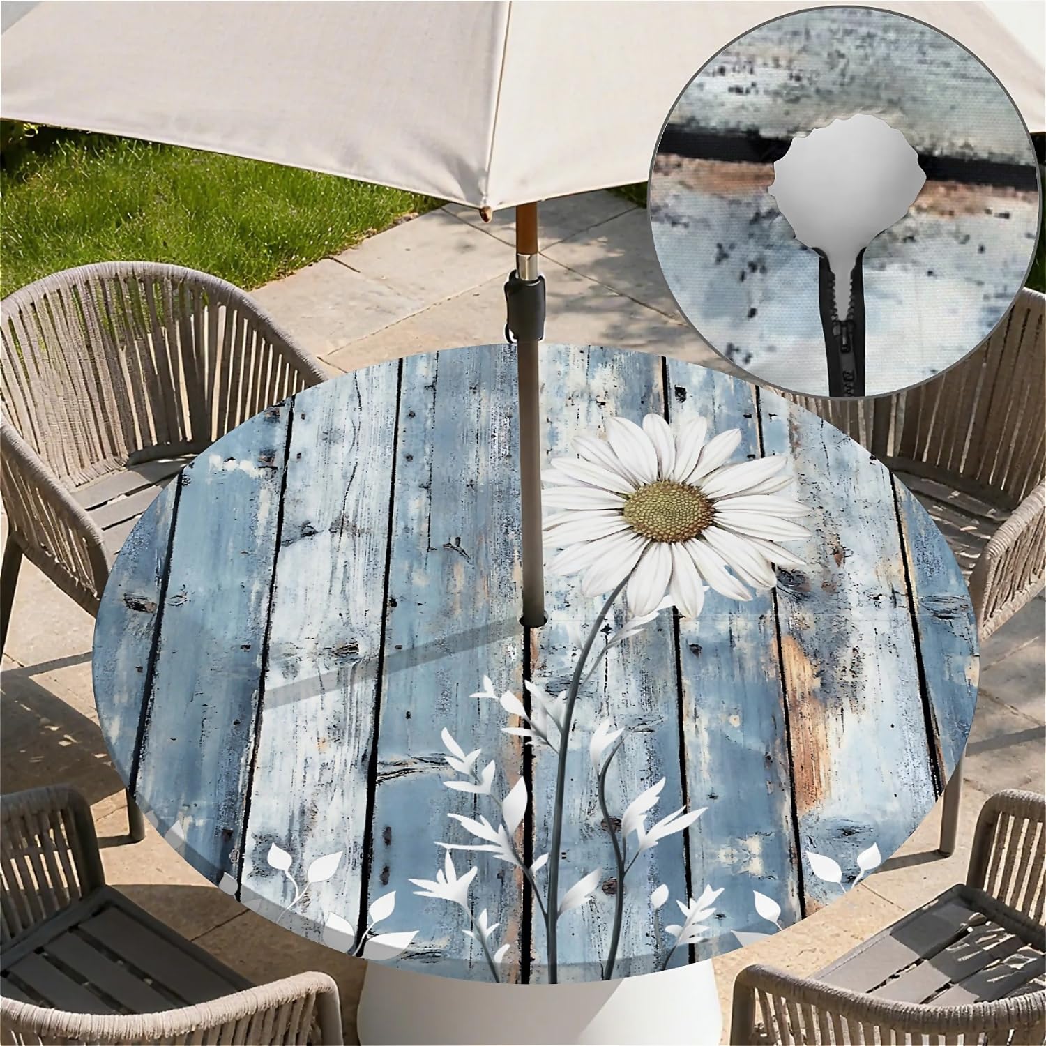 Tovaglia rotonda per esterni con foro ombrellone e cerniera Margherite motivo lavabile Ø 90 cm
