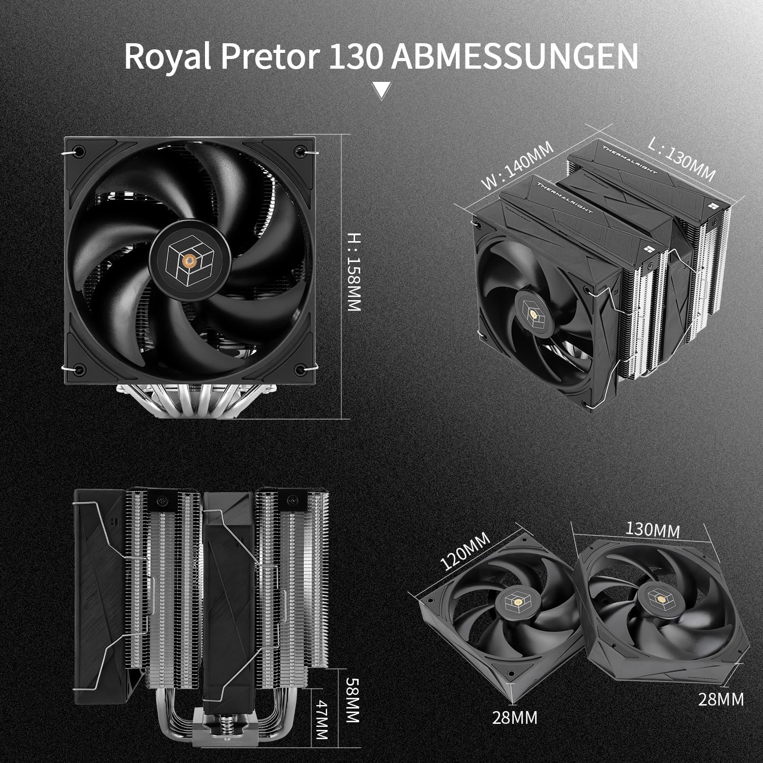 Thermalright Royal Pretor 130 Wentylator procesora, 6 rurek cieplnych, wentylator TL-H12-X28 i TL-HD13-X28, kompatybilny z Intel LGA115X/1200/2011/1700/1851, platform AM4/AM5, chłodzenie
