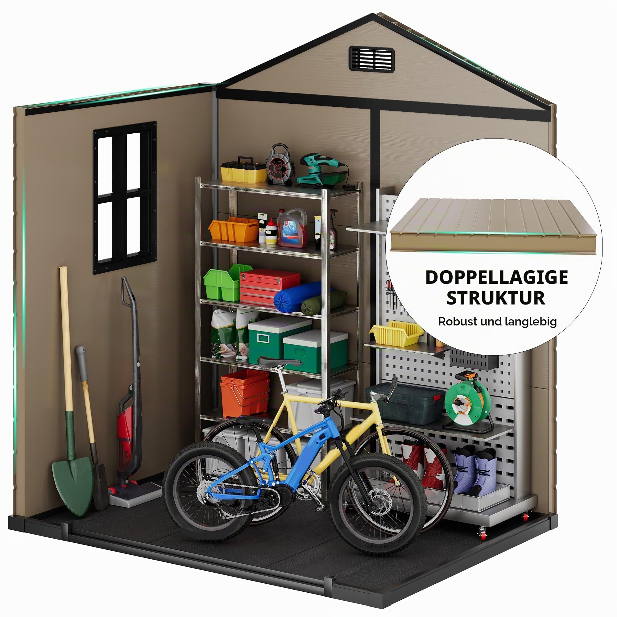 YITAHOME Gerätehaus Kunststoff 182x134x210cm,Gartenhaus Doppeltuer,Braun | Gartenschuppen Fahrradgarage Gartenhütte Werkzeugschuppen Gartenmöbel Unterstand Rasenmäher Unterstellplatz|Abschliessbar
