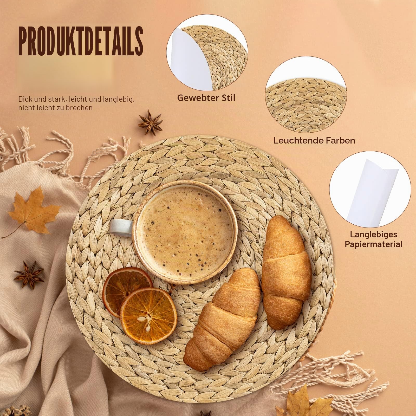 Dandat 100 Stück Einweg-Tischsets aus gewebtem Papier, 27.9 cm, rund, mit Korbgeflecht, Bedruckte Ladegeräte, Platzdeckchen, Bauernhaus, Einweg-Tischsets, Dinner, Party (Hellbraun)