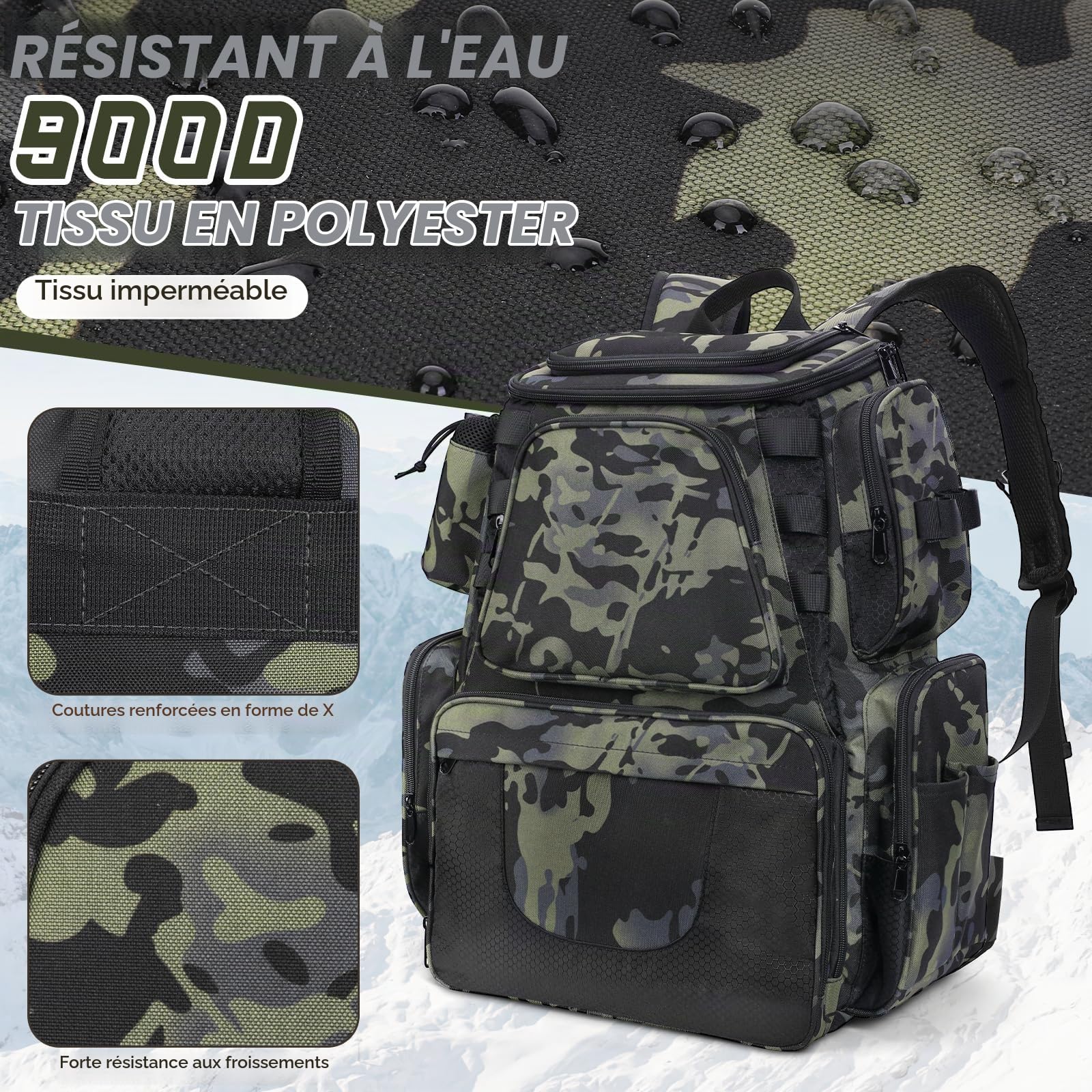 38L Sac à Dos de Pêche pour Organisation et Rangement des Plateaux avec Support de Canne - Bandoulière pour Randonnée, Chasse, Camping
