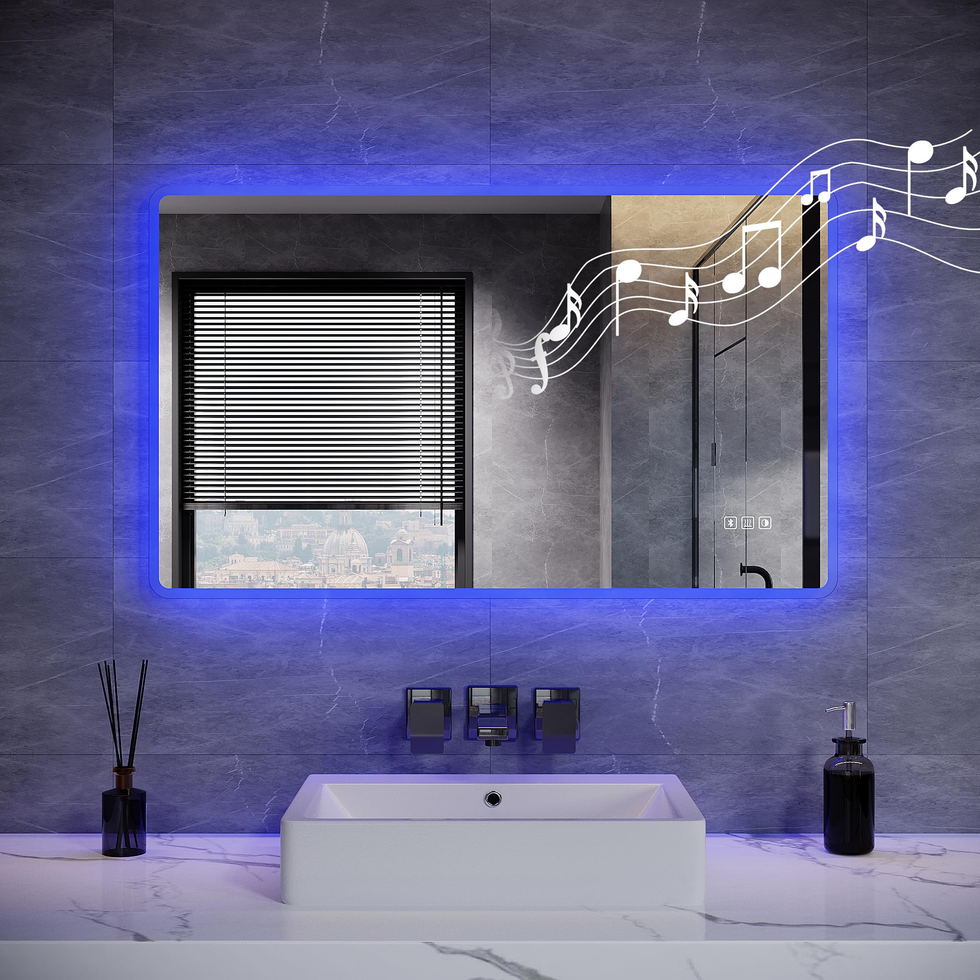 Specchio da bagno a LED, 100 x 60 cm, con illuminazione (luce bianca/blu/viola), presa e Bluetooth, anti-appannamento e interruttore touch, specchio cosmetico, 60 x 100 cm