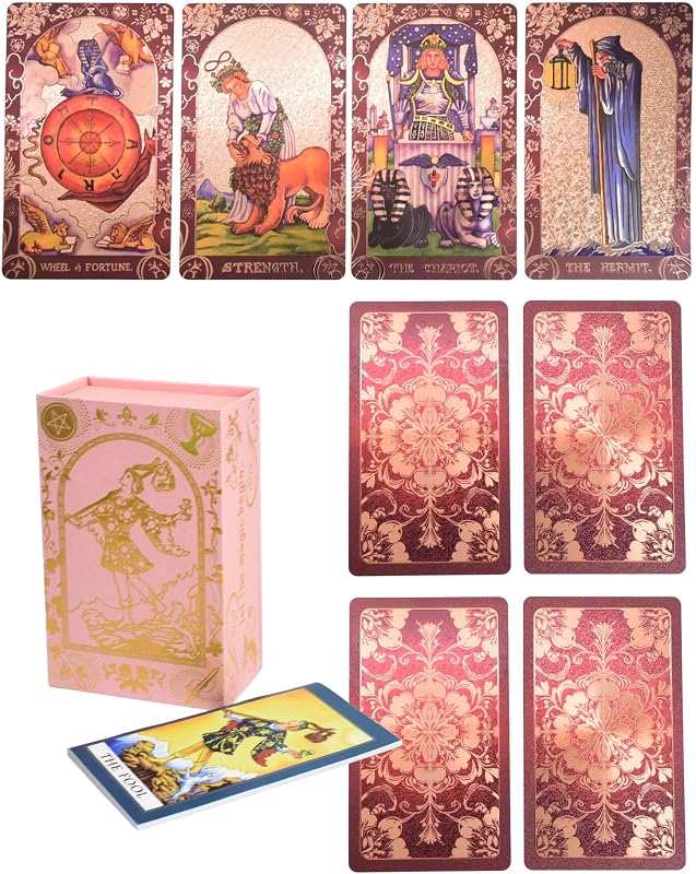 YIMINGOUFEI Baraja de Tarot de Papel de Aluminio Rojo Vino Inglés, 78 Cartas + 2 Tarjetas de Colección, con 36 Páginas de Guía de Color Inglés, Impresión Holográfica Esmerilada de PVC