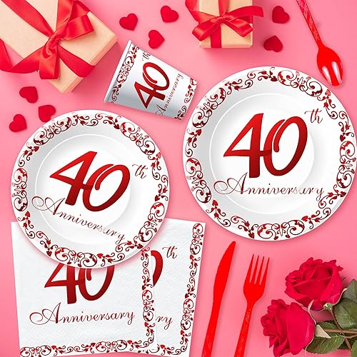 Miniatura 5 de Vajilla para decoración del 40 aniversario, suministros de fiesta de aniversario de boda de rubí, platos de papel, vasos, servilletas, mantel,