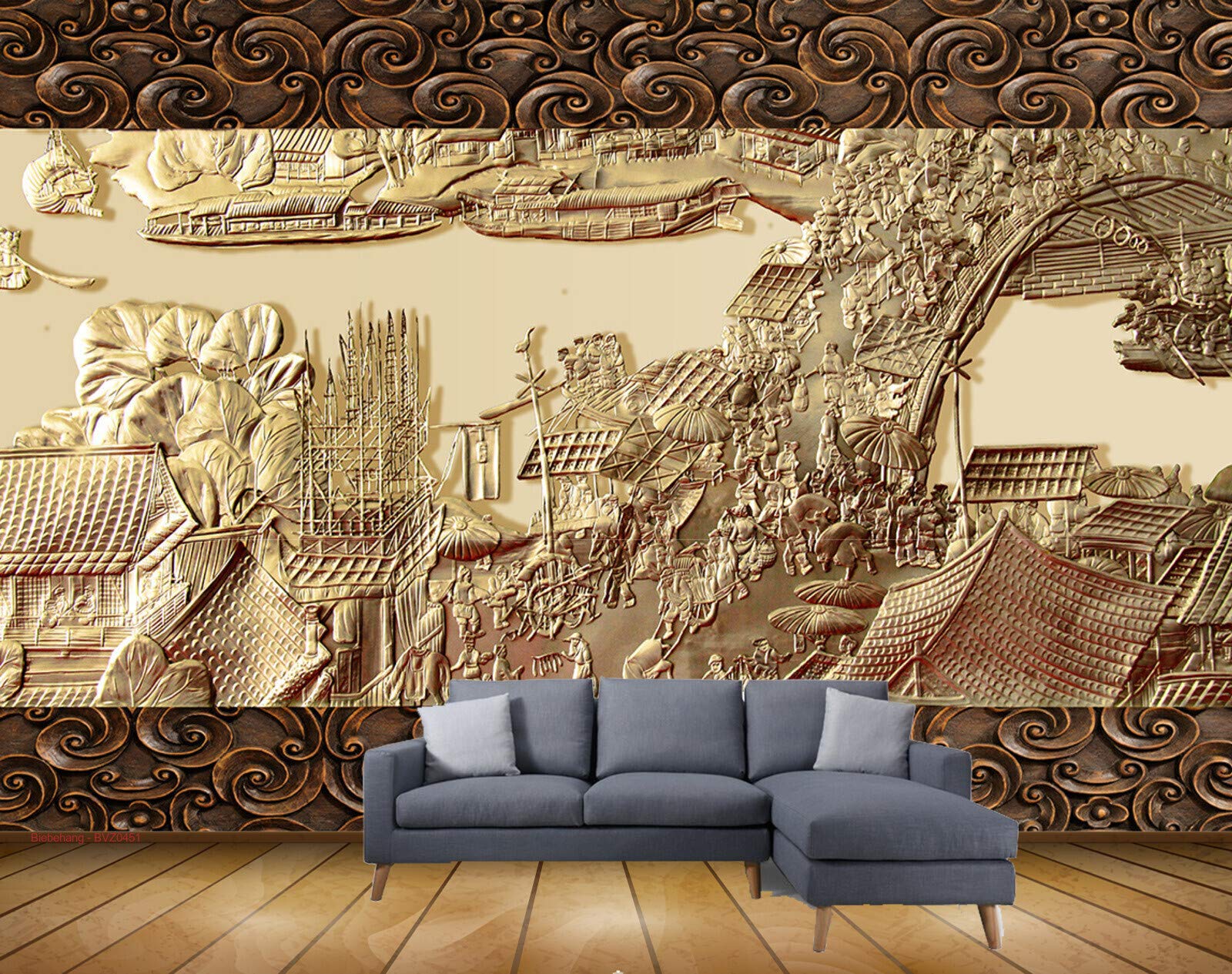 Beibehang Exclusive BVZ0451 Golden Relief Qingming Shanghe Map Chinese Characteristic Culture Background Wall HD 3D Wallpaper(243 cm x 213 cm)