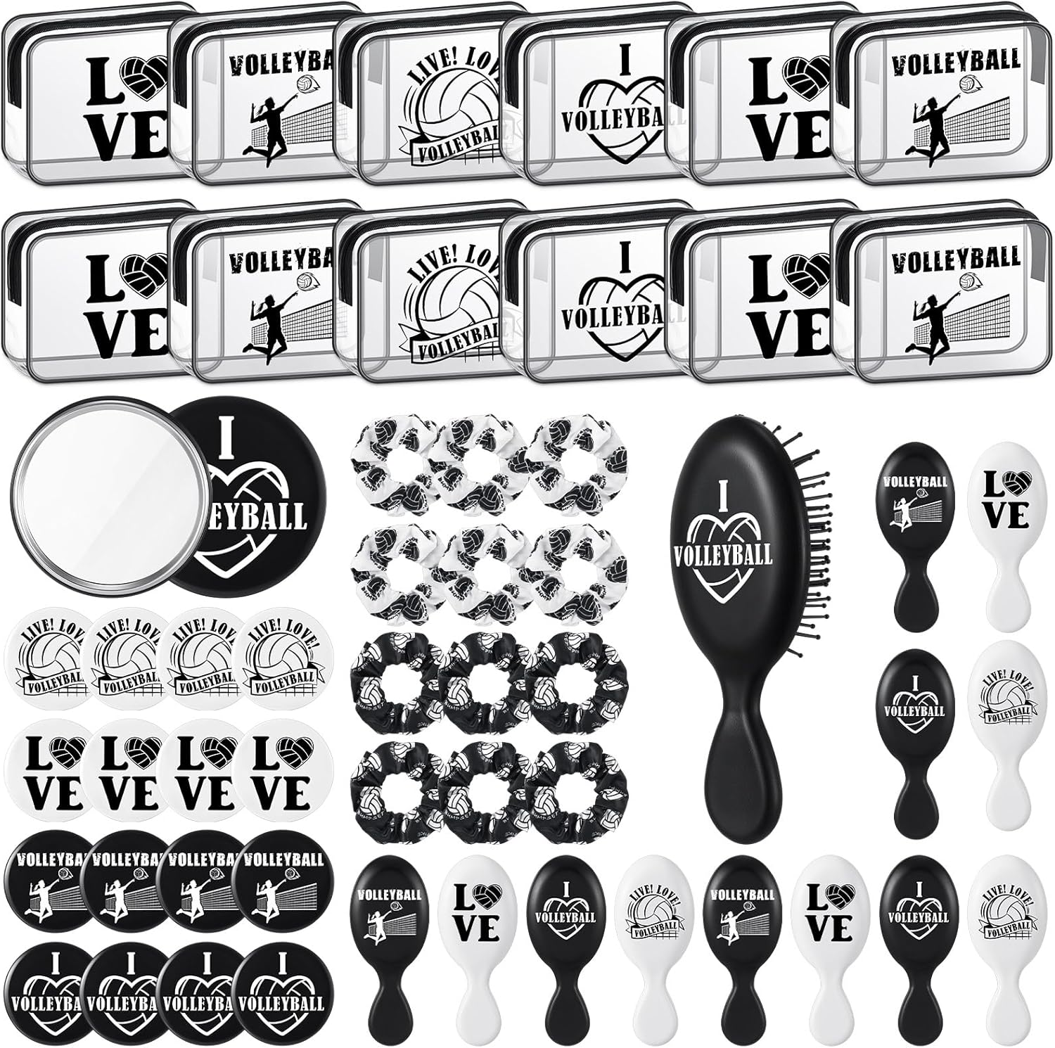 48 Pcs Volleyball Gifts for Team Bulk Volleyball Party Favors Include PVC Cosmetic Bags Makeup Mirror Hair Scrunchies Detangling Brush Sports Accessories for Women Players Sports Lovers
