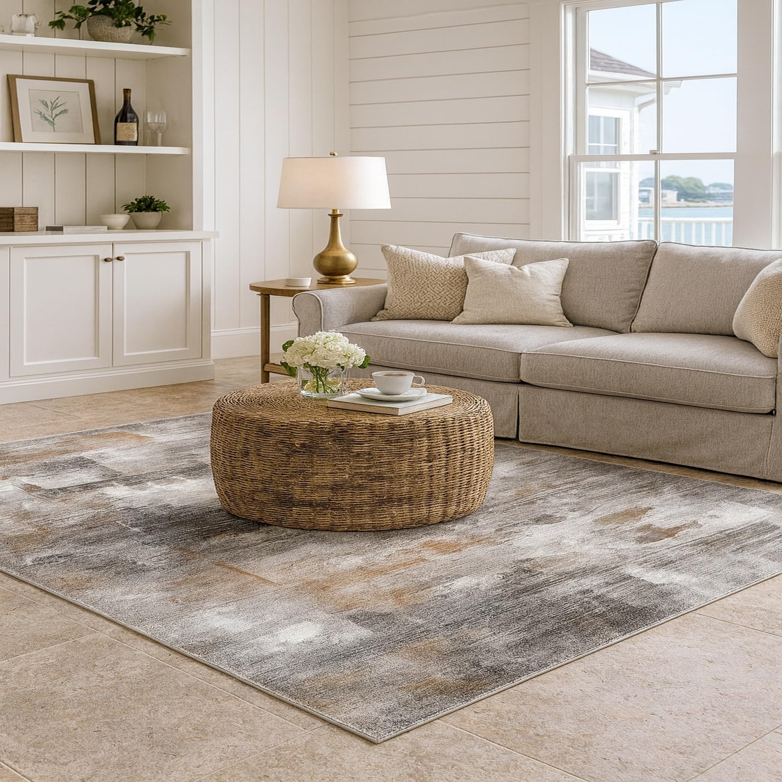 Tapis de chambre adulte de grande taille gris abstrait aux finitions denses